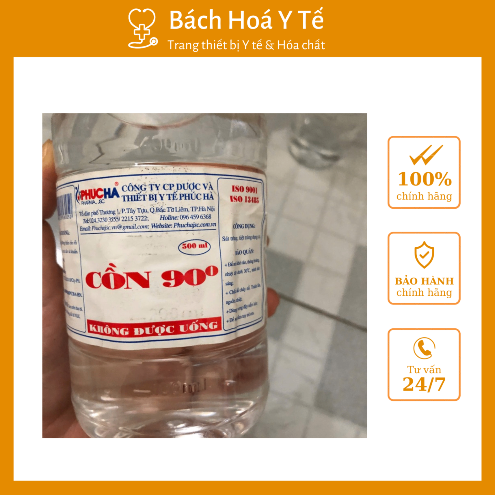 Cồn y tế 90 độ Phúc Hà (Chai=500ml, Thùng 24 chai)