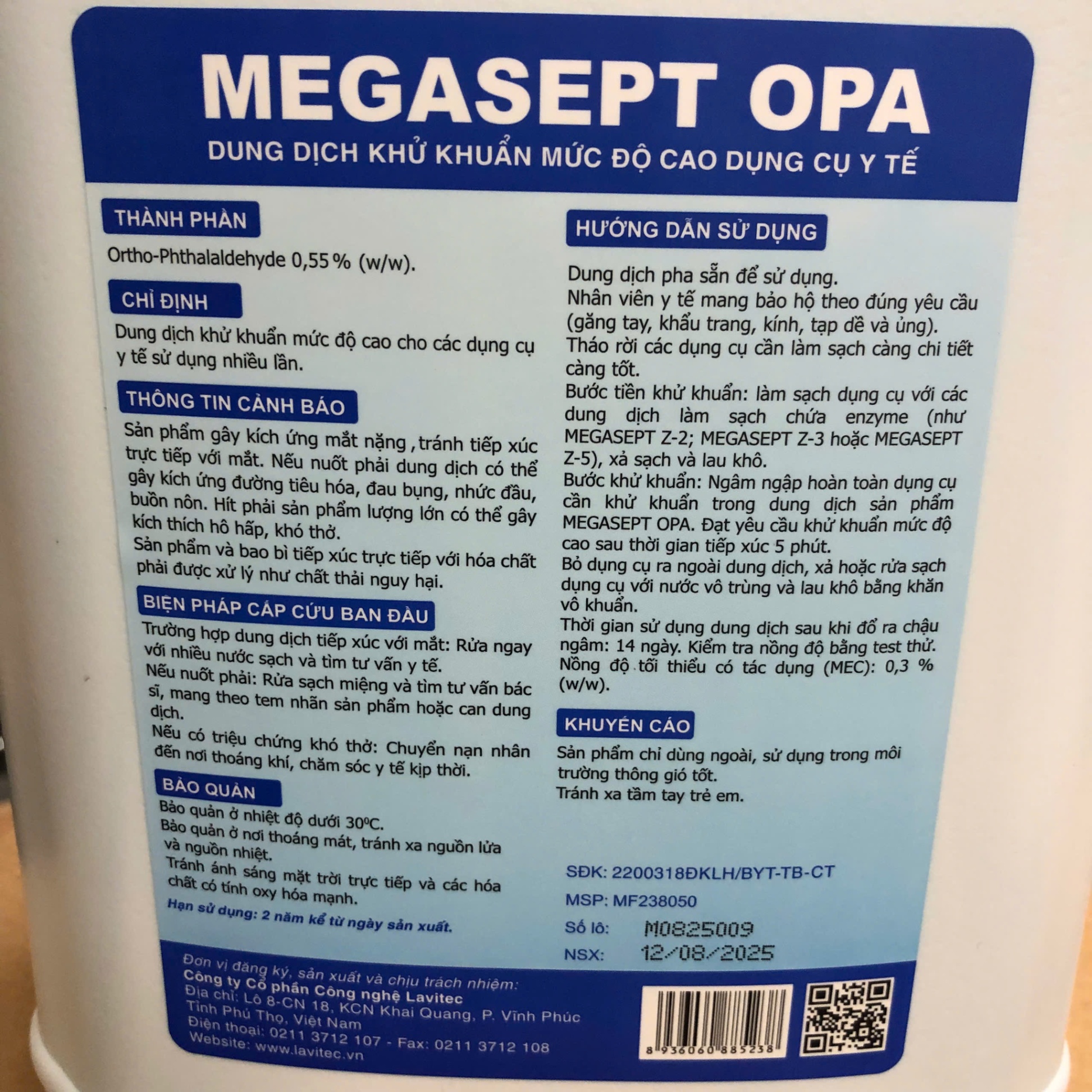 Dung dịch khử khuẩn mức độ cao MEGASEPT OPA (Can=5 lít, Thùng=20 lít)
