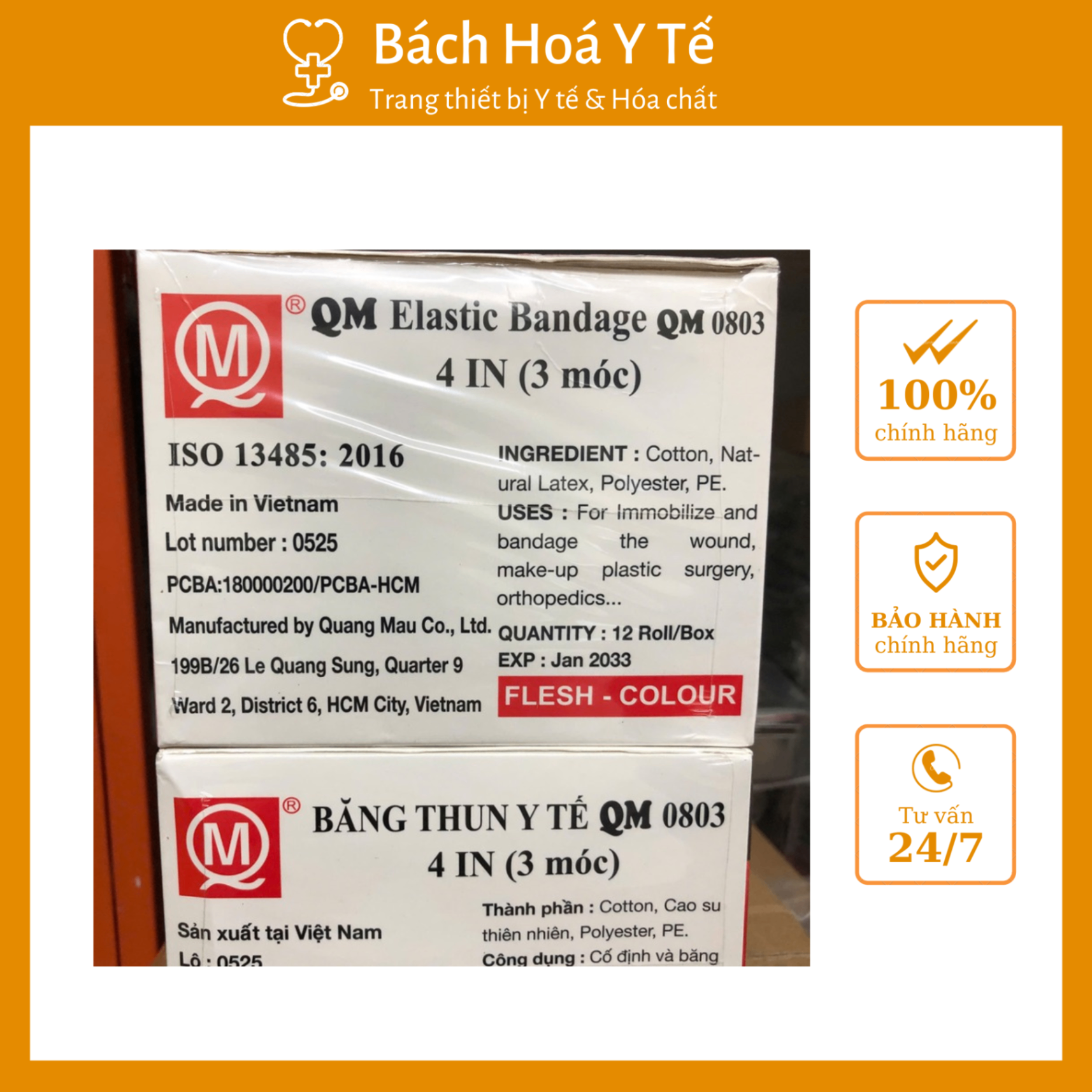 Băng thun y tế 3 móc Quang Mậu, Việt Nam (Hộp=12 cuộn)