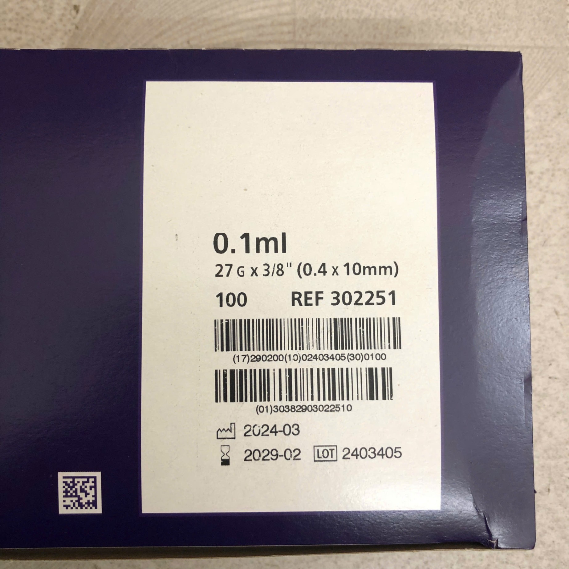Bơm tiêm tự khoá 0,1 ml 27G x 3/8 Becton Dickinson, S.A; Tây Ban Nha (Hộp =100 cái)