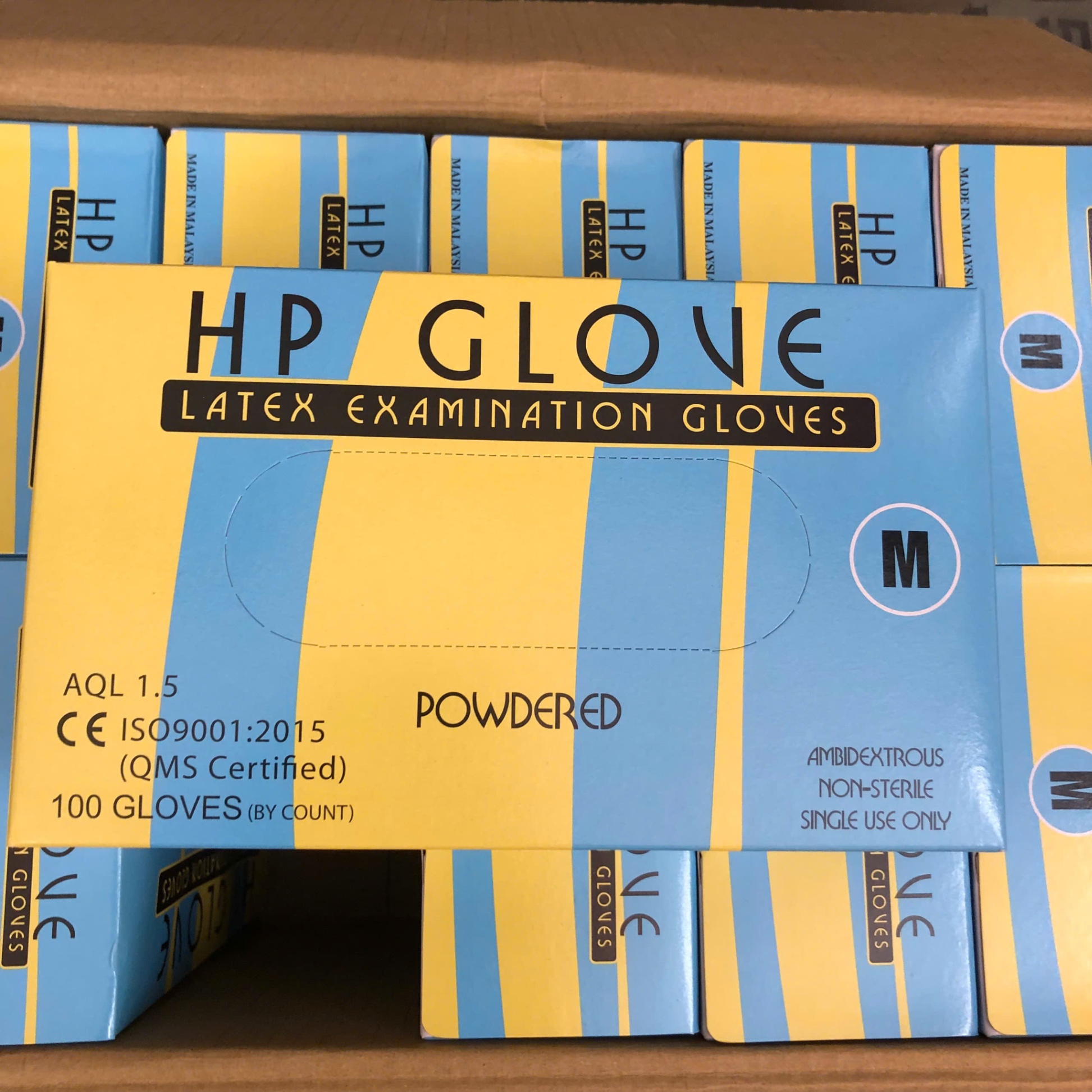 Găng tay khám có bột HP Glove - Malaysia (Hộp=50 đôi, Thùng=500 đôi)