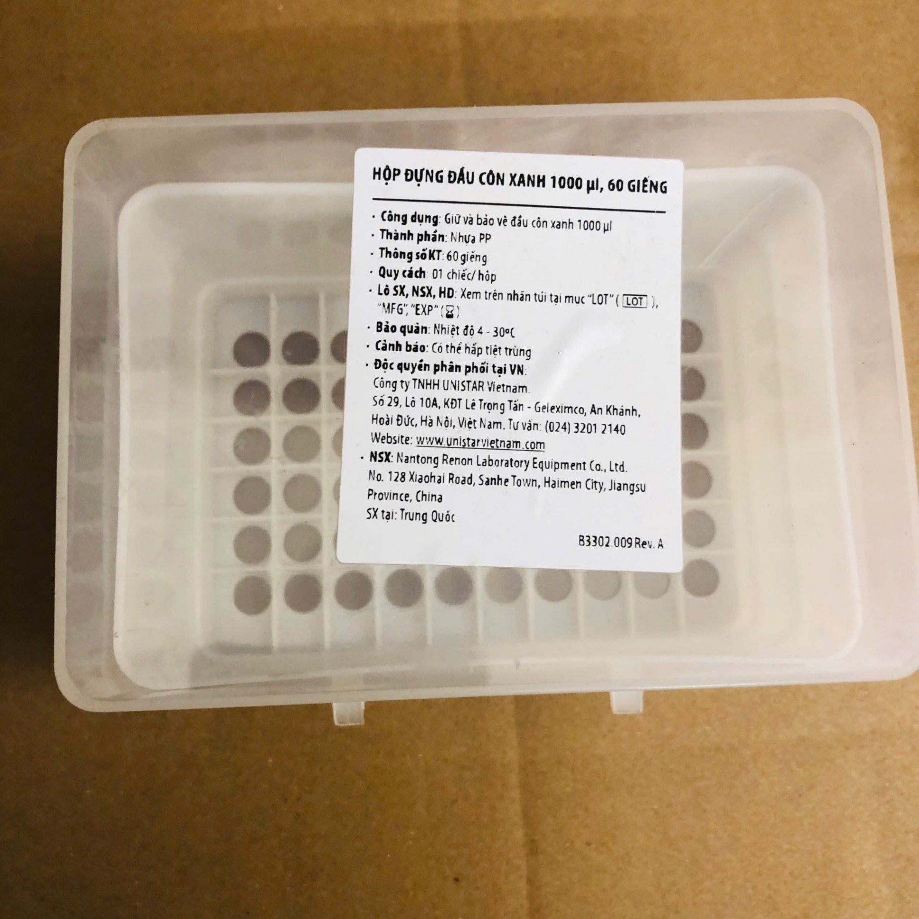 Hộp đựng đầu côn xanh 1000 ul, 60 giếng, Jiangsu Huida