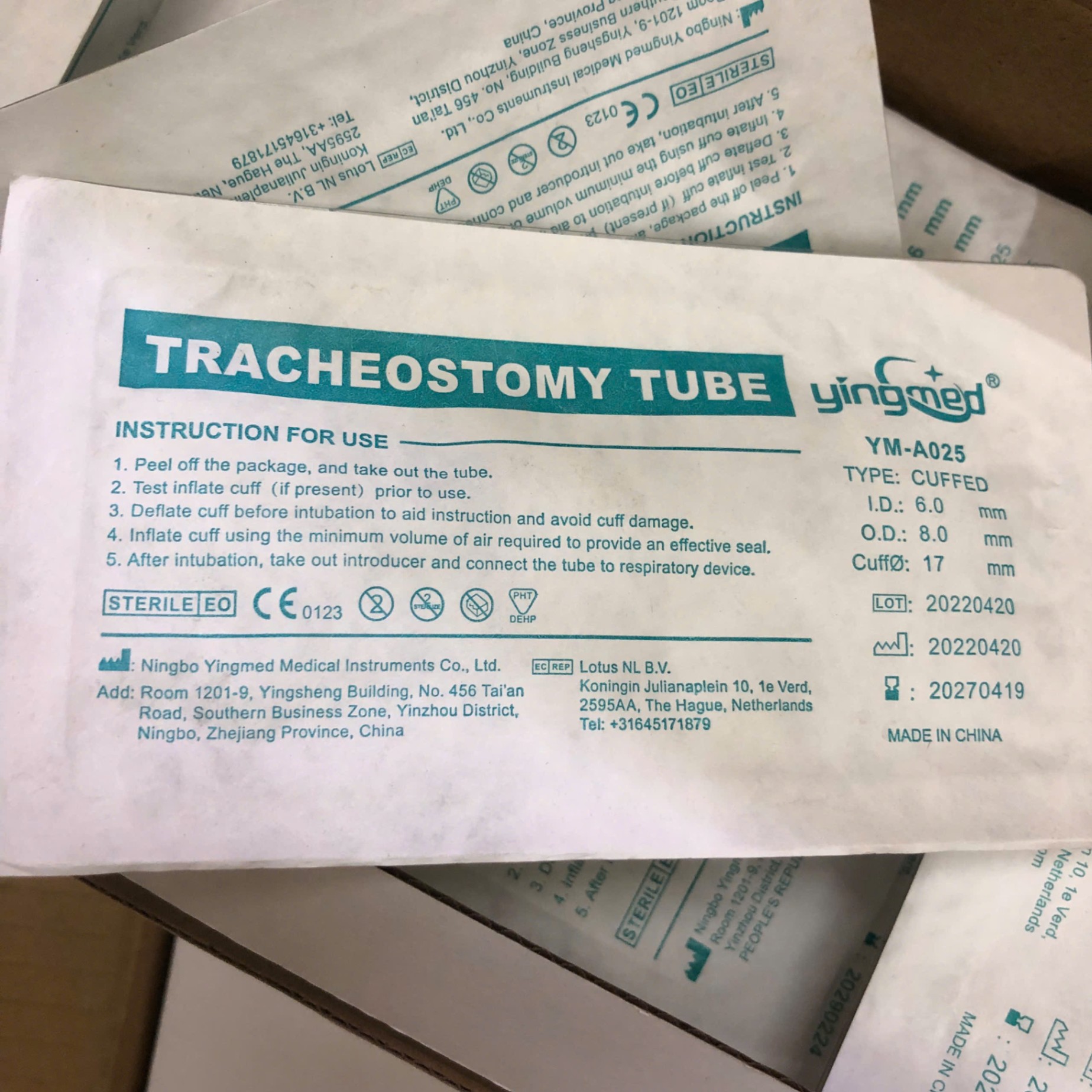 Ống khai mở khí quản 1 nòng có bóng các cỡ, NINGBO YINGMED MEDICAL Trung Quốc (Hộp = 10 cái)