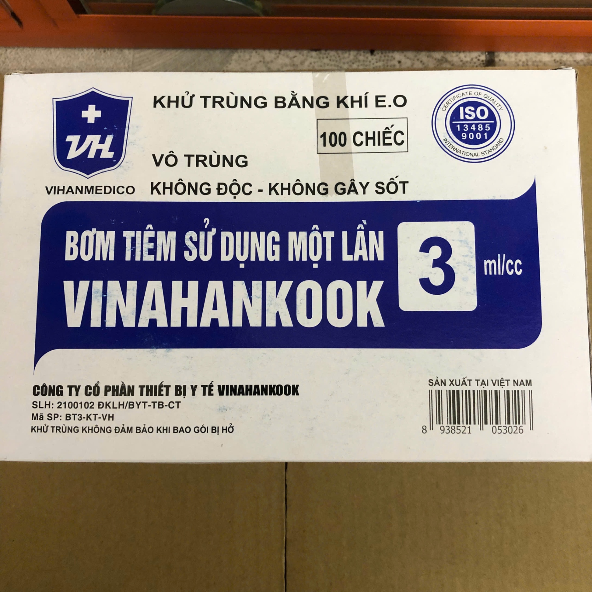 Bơm tiêm dùng 1 lần 3ml, Vinahancook (Hộp=100 cái, Thùng=3000 cái)