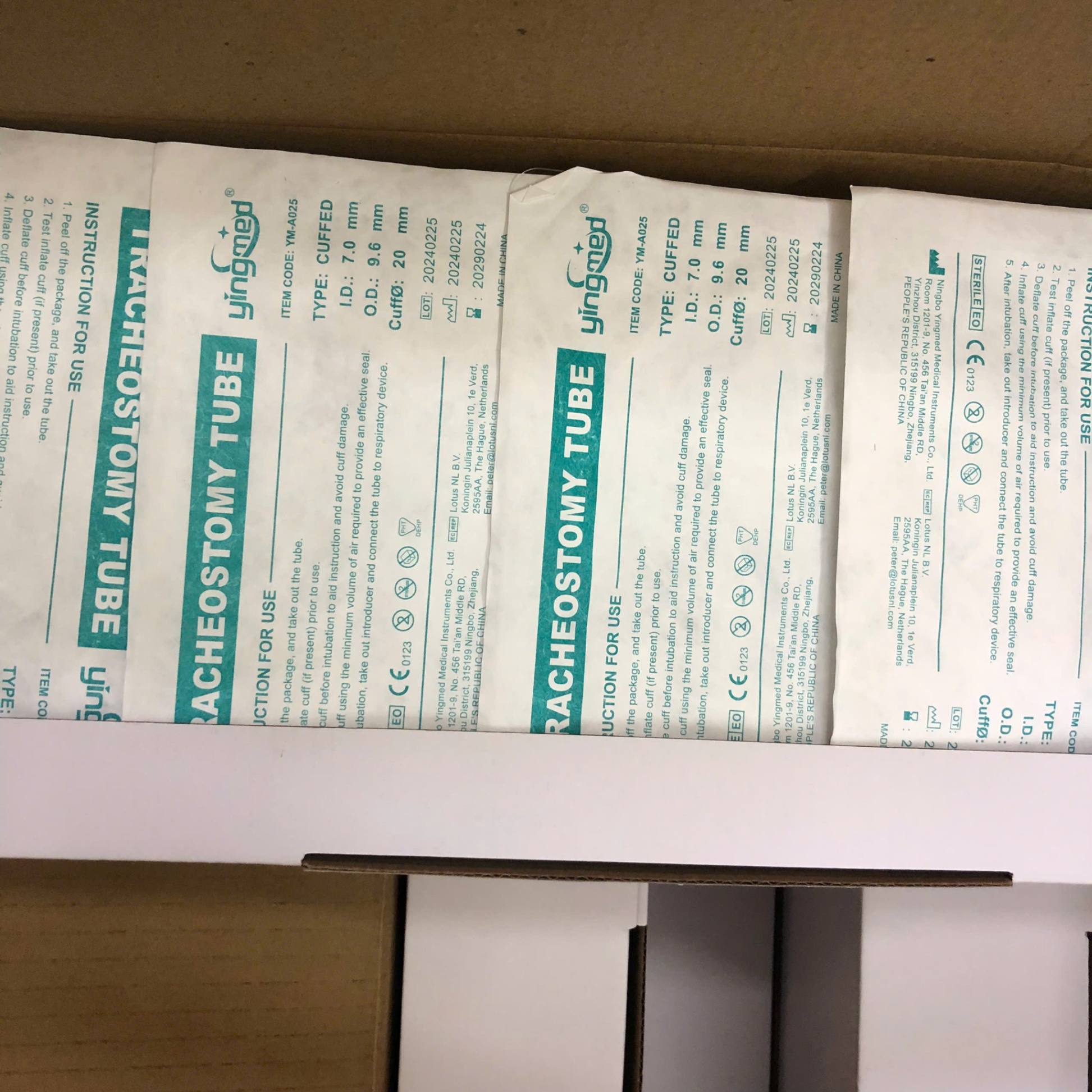 Ống khai mở khí quản 1 nòng có bóng các cỡ, NINGBO YINGMED MEDICAL Trung Quốc (Hộp = 10 cái)