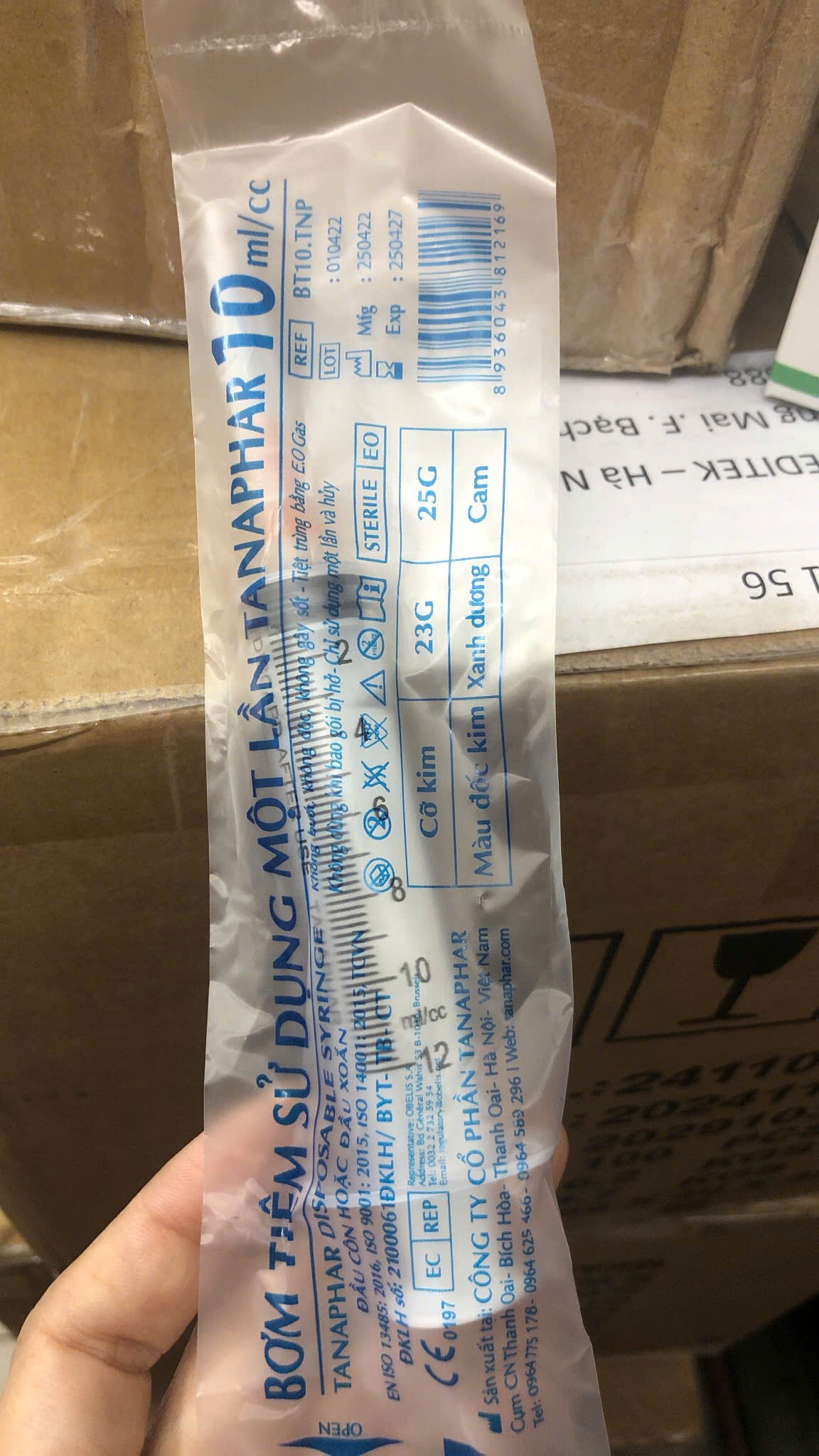 Bơm tiêm dùng 1 lần TANAPHAR 10ml (Hộp=100 cái, Thùng=1200 cái)