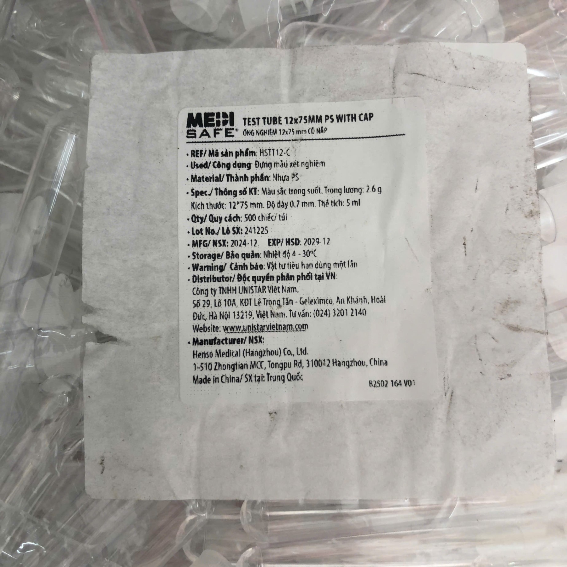 Ống nghiệm nhựa 5ml PS 12x75mm, có nắp, Henso Medical, Trung Quốc, túi 500 chiếc