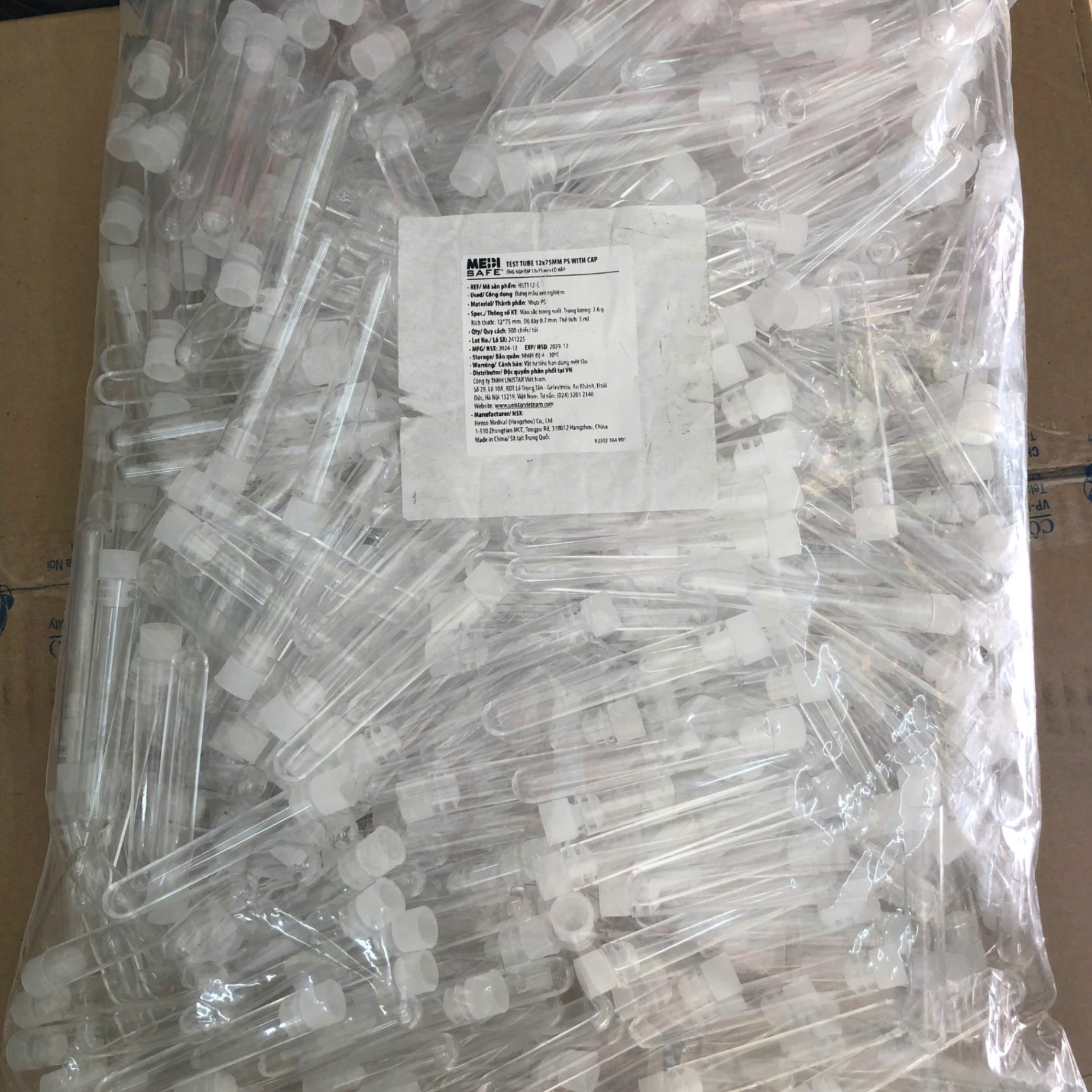 Ống nghiệm nhựa 5ml PS 12x75mm, có nắp, Henso Medical, Trung Quốc, túi 500 chiếc