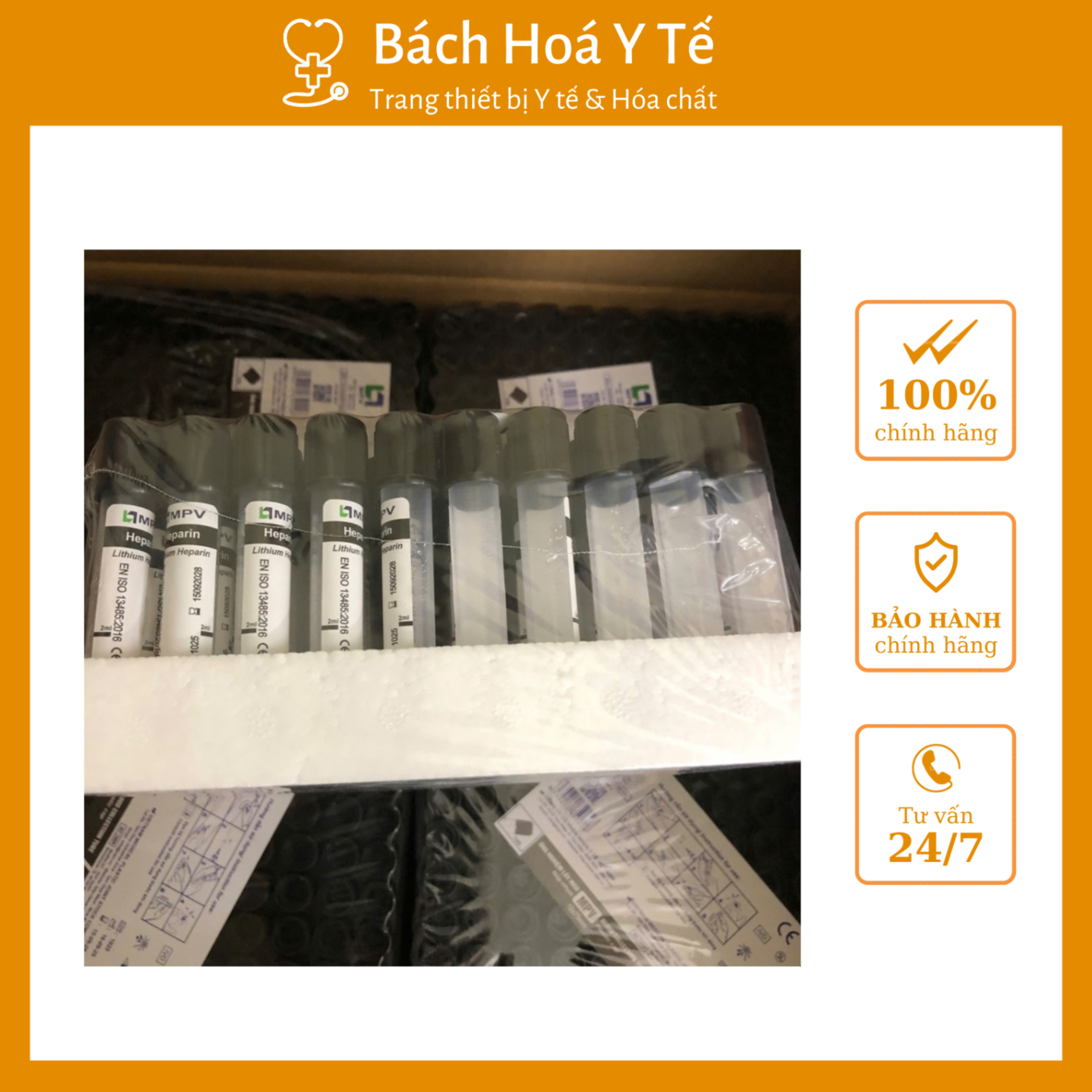 Ống nghiệm Lithium Heparin nắp thường 2ml MPV (Khay=100 ống, Thùng=2400 ống)