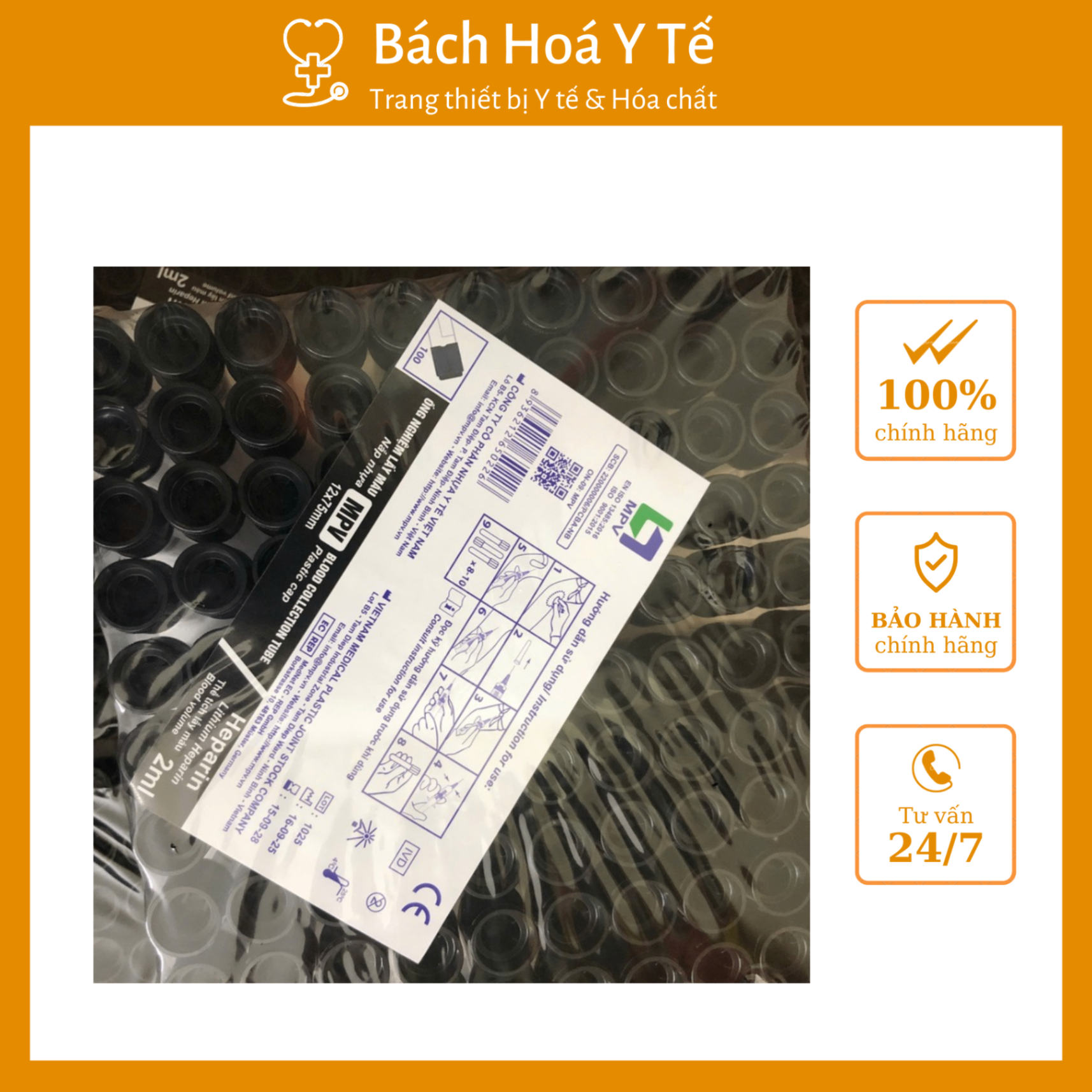 Ống nghiệm Lithium Heparin nắp thường 2ml MPV (Khay=100 ống, Thùng=2400 ống)