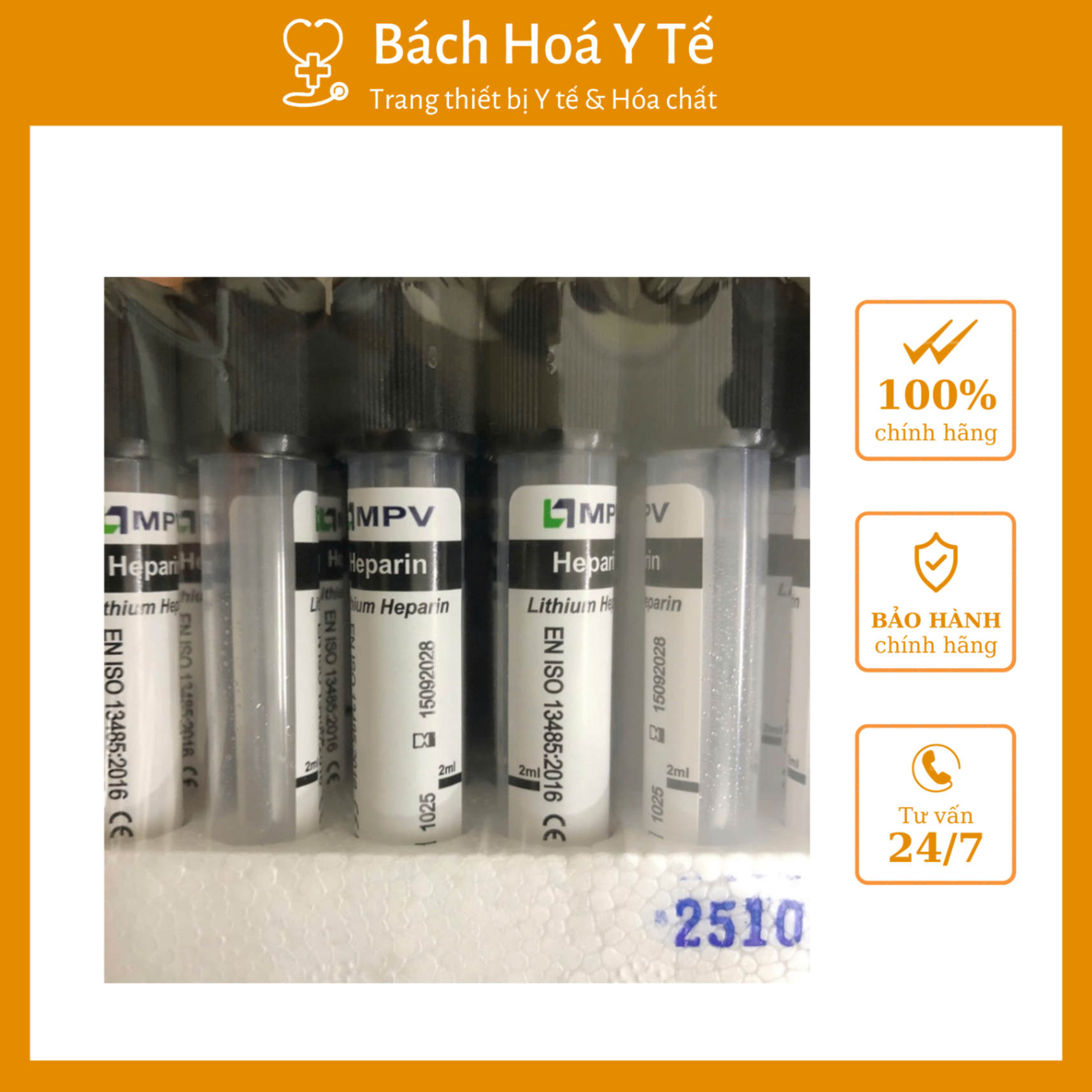 Ống nghiệm Lithium Heparin nắp thường 2ml MPV (Khay=100 ống, Thùng=2400 ống)