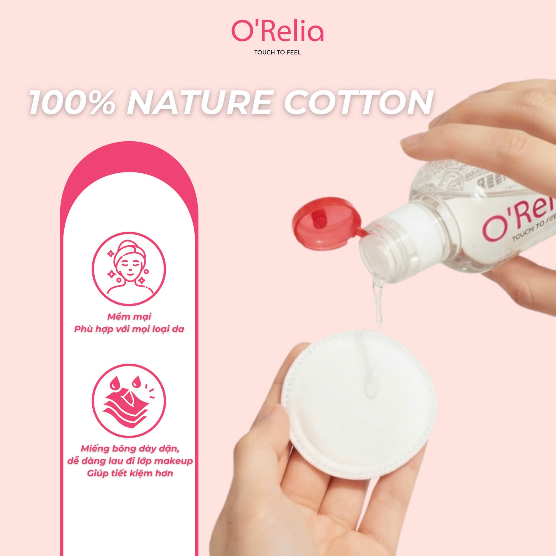 Bông tẩy trang O’RELIA, Việt Nam (Túi=225 miếng, Thùng=48 túi)