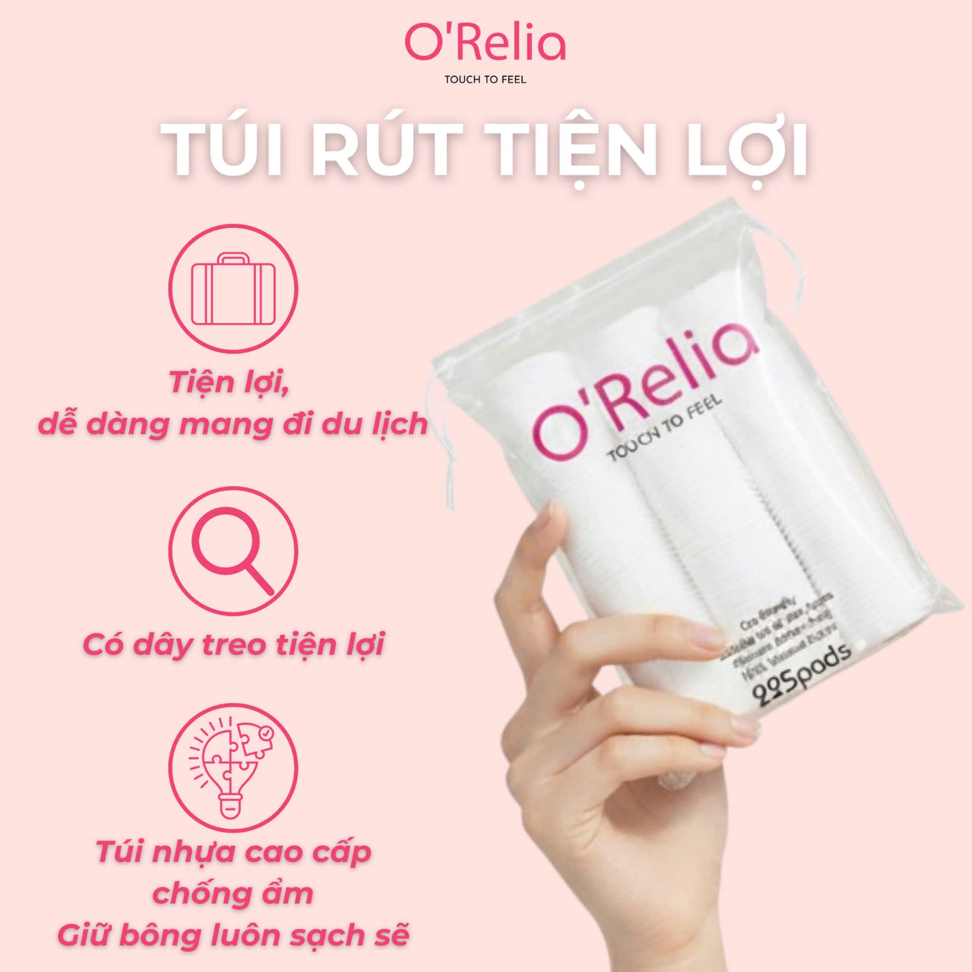 Bông tẩy trang O’RELIA, Việt Nam (Túi=225 miếng, Thùng=48 túi)