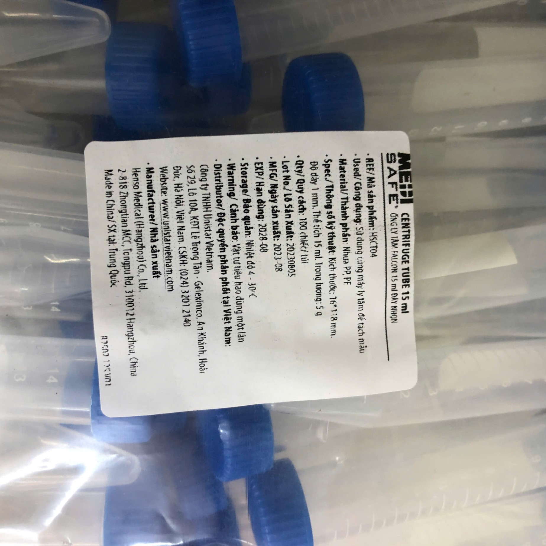 Ống ly tâm Falcon 15ml đáy nhọn tiệt trùng, Henso Medical (1túi=100 chiếc)