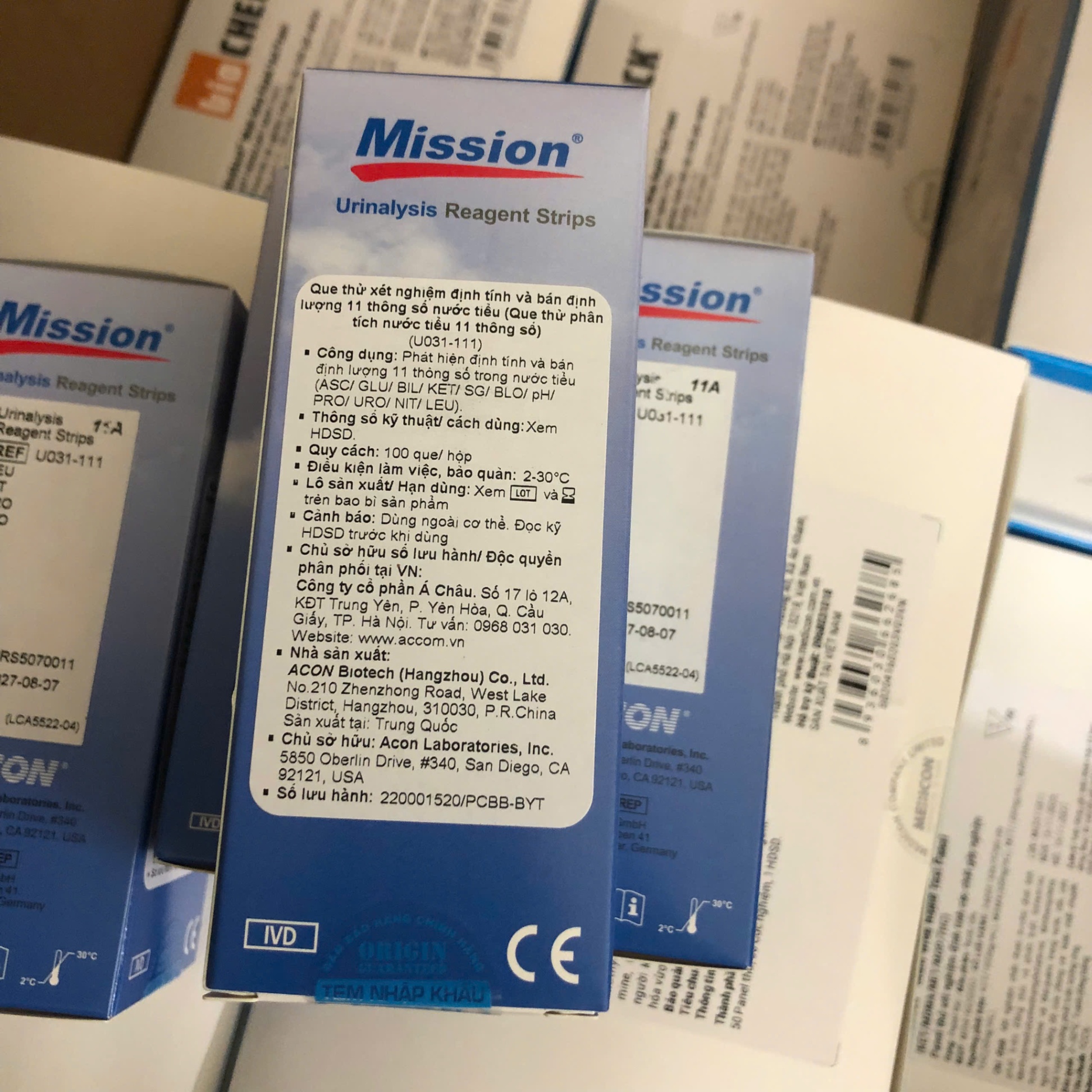 Que thử nước tiểu 11 thông số, cho máy MISSION U120, ACON Biotech, Trung Quốc (Hộp=100 test)