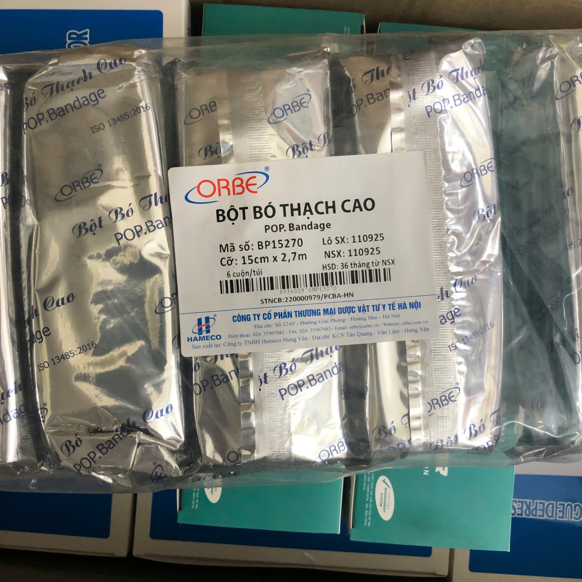 Bột bó y tế thạch cao Orbe 15cm (Túi=6 cuộn, Thùng=72 cuộn)