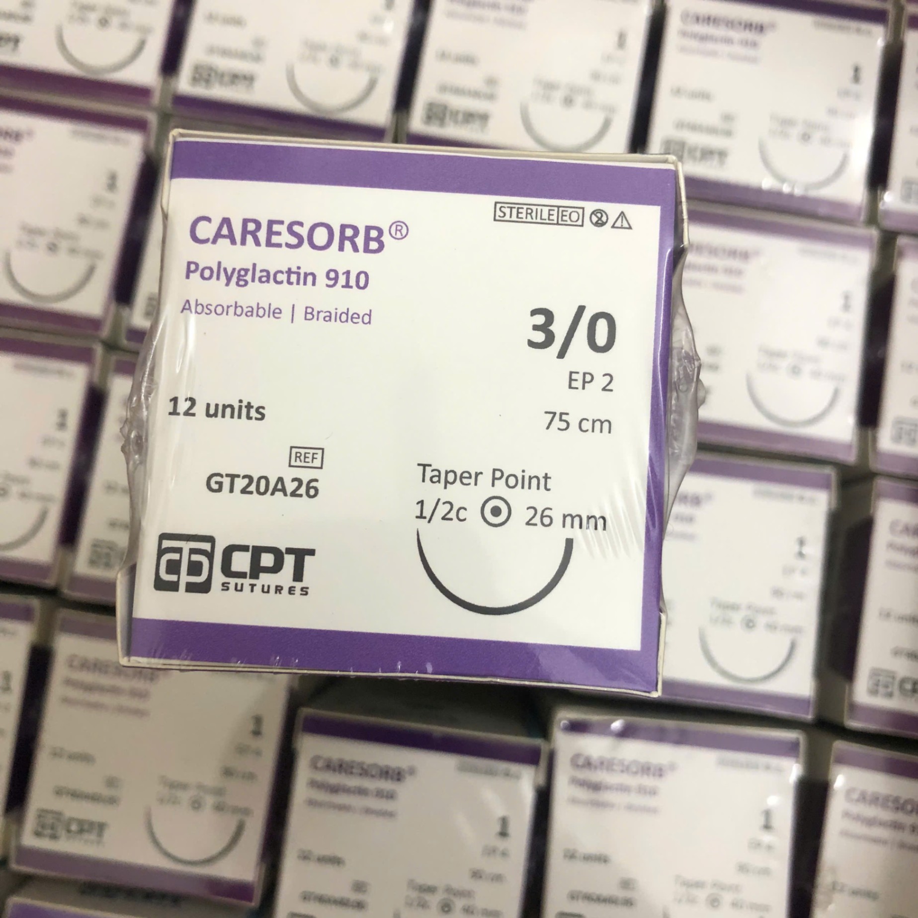 Chỉ phẫu thuật tự tiêu CPT Caresorb Polyglactin 910 số 3/0 GT20A26 (Hộp=12 sợi)
