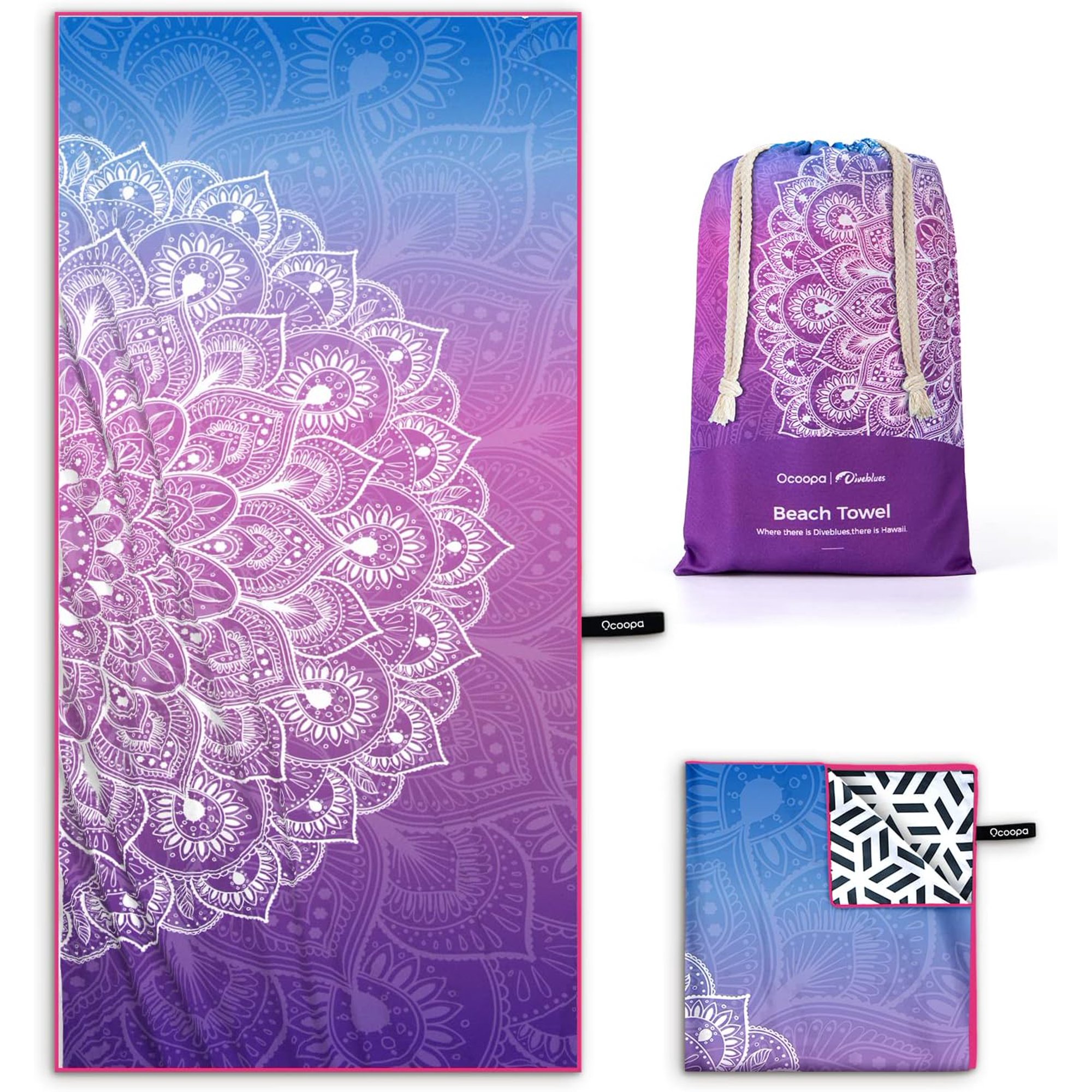 Khăn đi biển OCOOPA Microfiber Beach Towel Sand Free size L Mandala 1m8x80cm