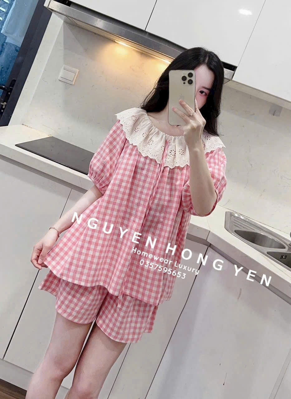 BỘ THÔ KẺ CARO HỒNG VIỀN REN CỔ TRẮNG