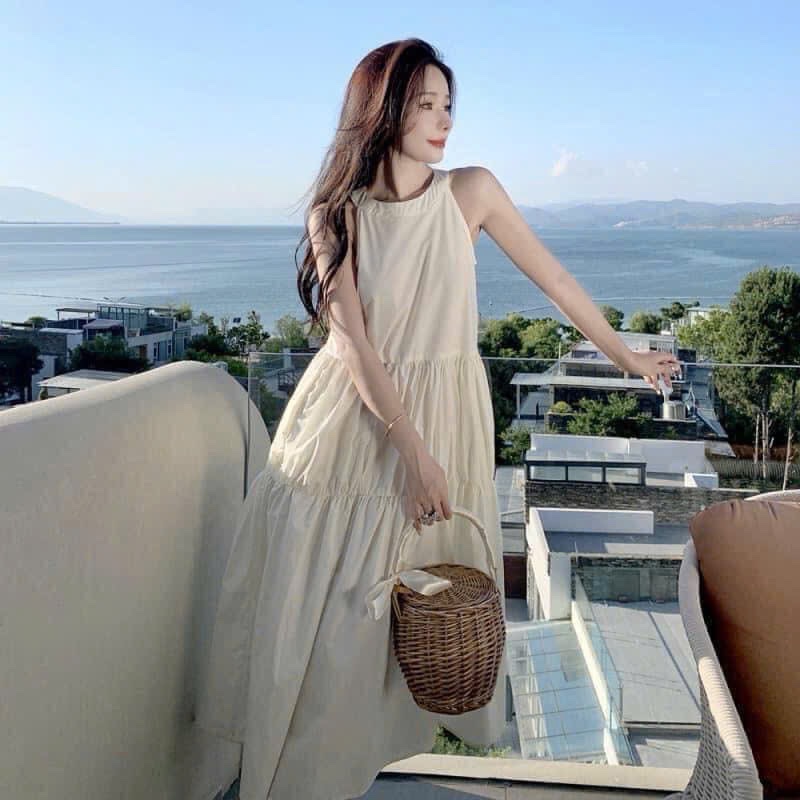 VÁY MAXI CỔ YẾM BABYDOLL TRẮNG KEM