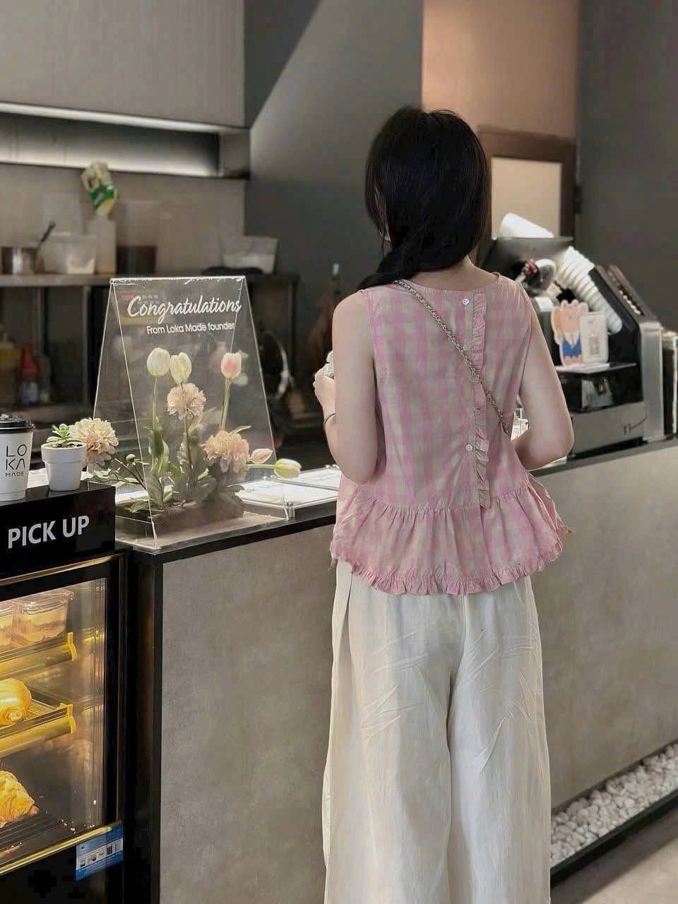 SET SÁT NÁCH KẺ CARO HỒNG QUẦN SUÔNG TRẮNG