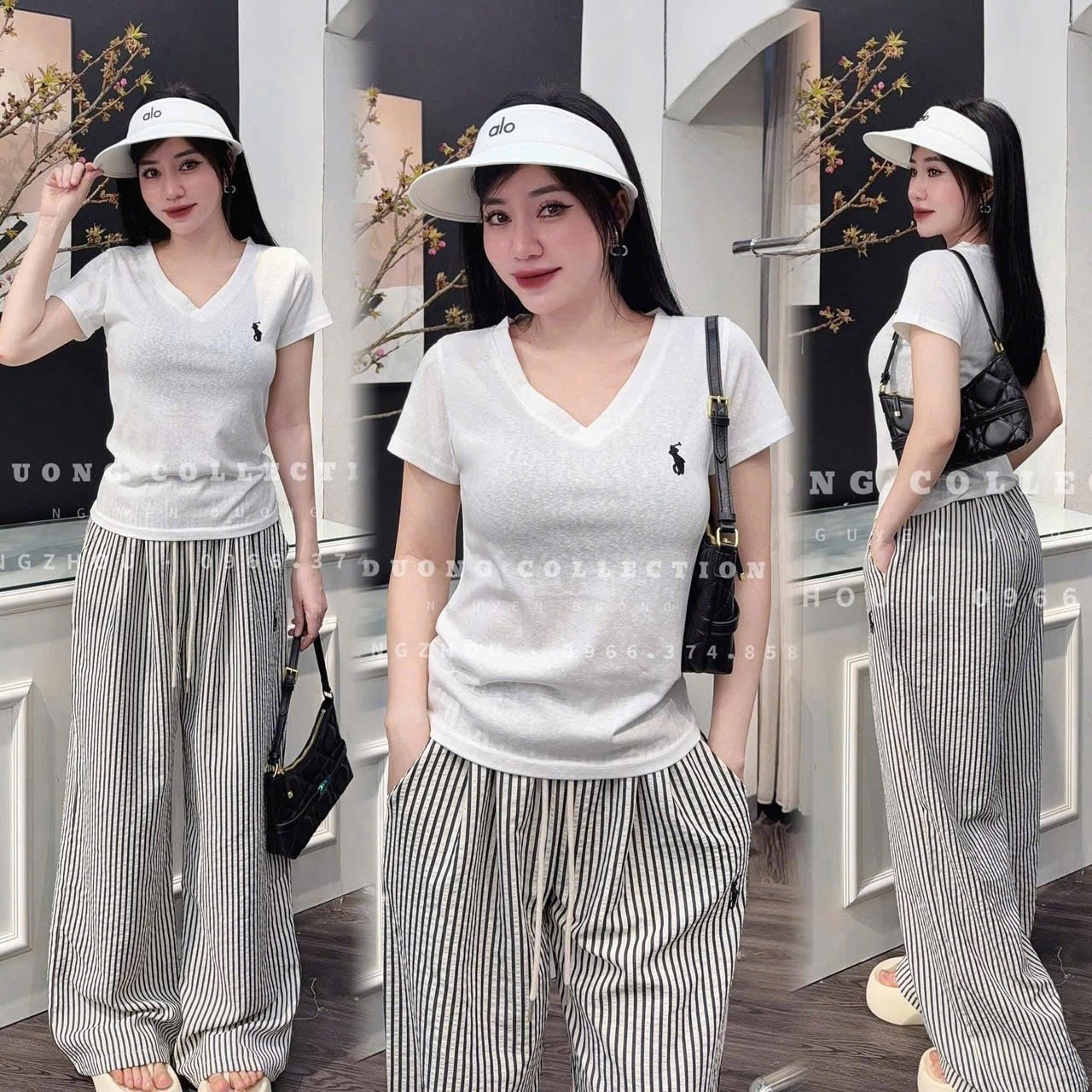 SET ÁO CỔ TIM TRẮNG THÊU NGỰA QUẦN KẺ SỌC