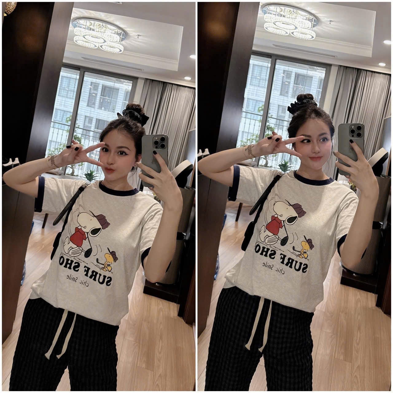 BỘ CÚN SNOPY QUẦN KẺ CARO XANH KÈM CHUN TÓC