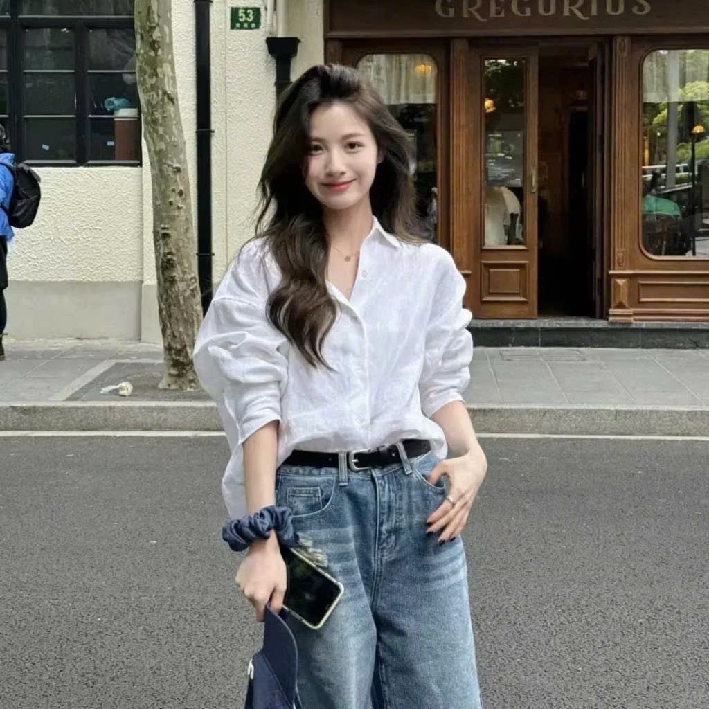 ÁO SƠ MI THÔ TRẮNG 1 TÚI DÁNG SUÔNG
