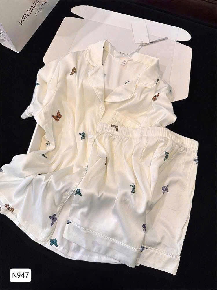 BỘ PIJAMA LỤA TRẮNG HÌNH BƯỚM XINH