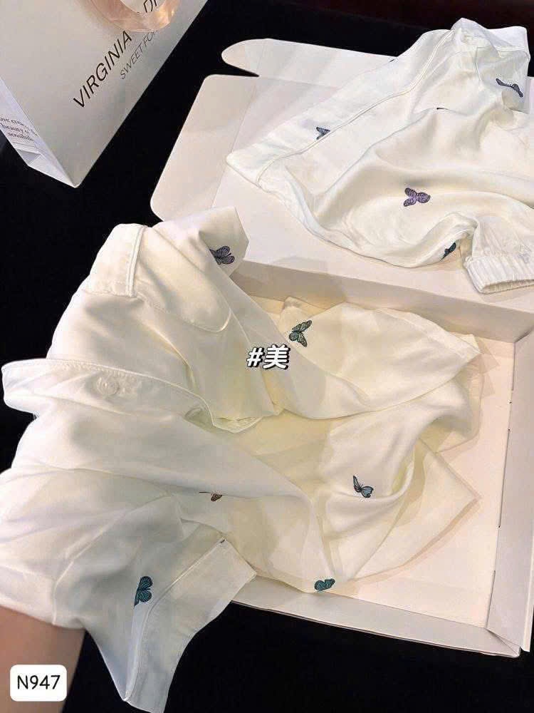 BỘ PIJAMA LỤA TRẮNG HÌNH BƯỚM XINH
