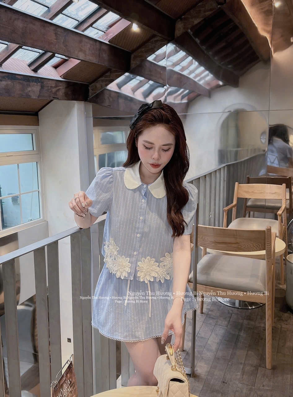 SET KẺ XANH KÈM CHÂN VÁY ĐÍNH HOA CHO NỮ