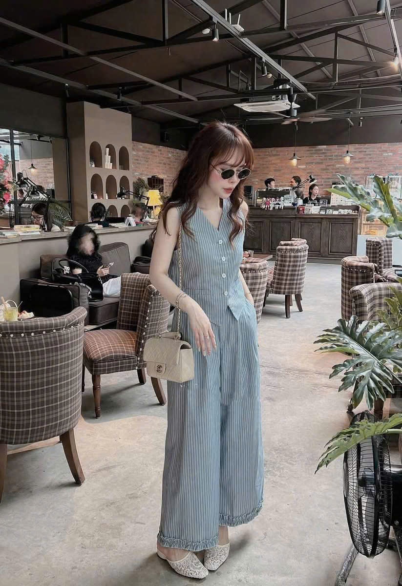 SET VEST KẺ CRT QUẦN SUÔNG BÈO SỌC XANH
