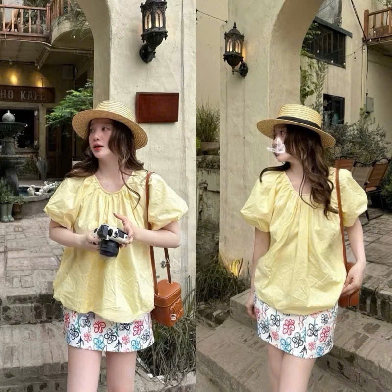 SET ÁO VÀNG CHANH CHỮ KÈM CHÂN VÁY HỌA TIẾT