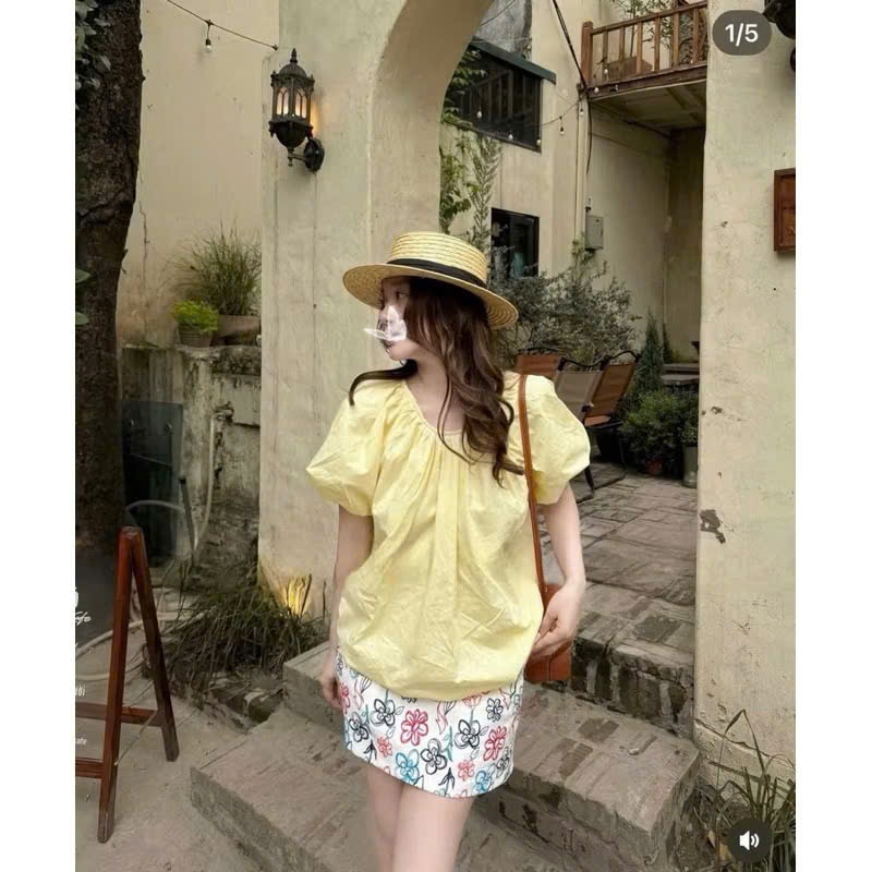 SET ÁO VÀNG CHANH CHỮ KÈM CHÂN VÁY HỌA TIẾT