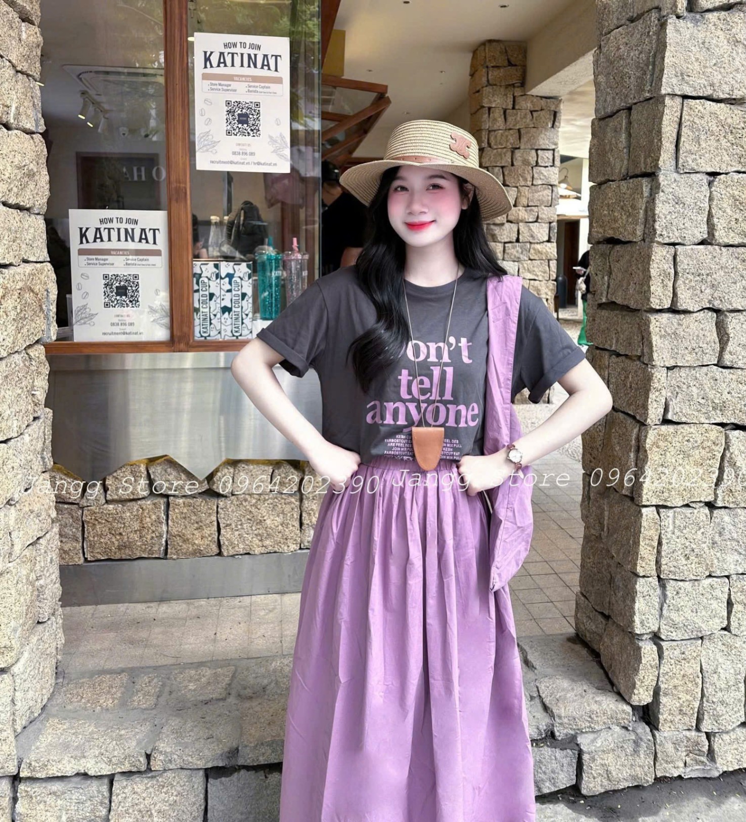 SET ÁO XÁM IN CHỮ MIX CHÂN VÁY TÍM MIDI