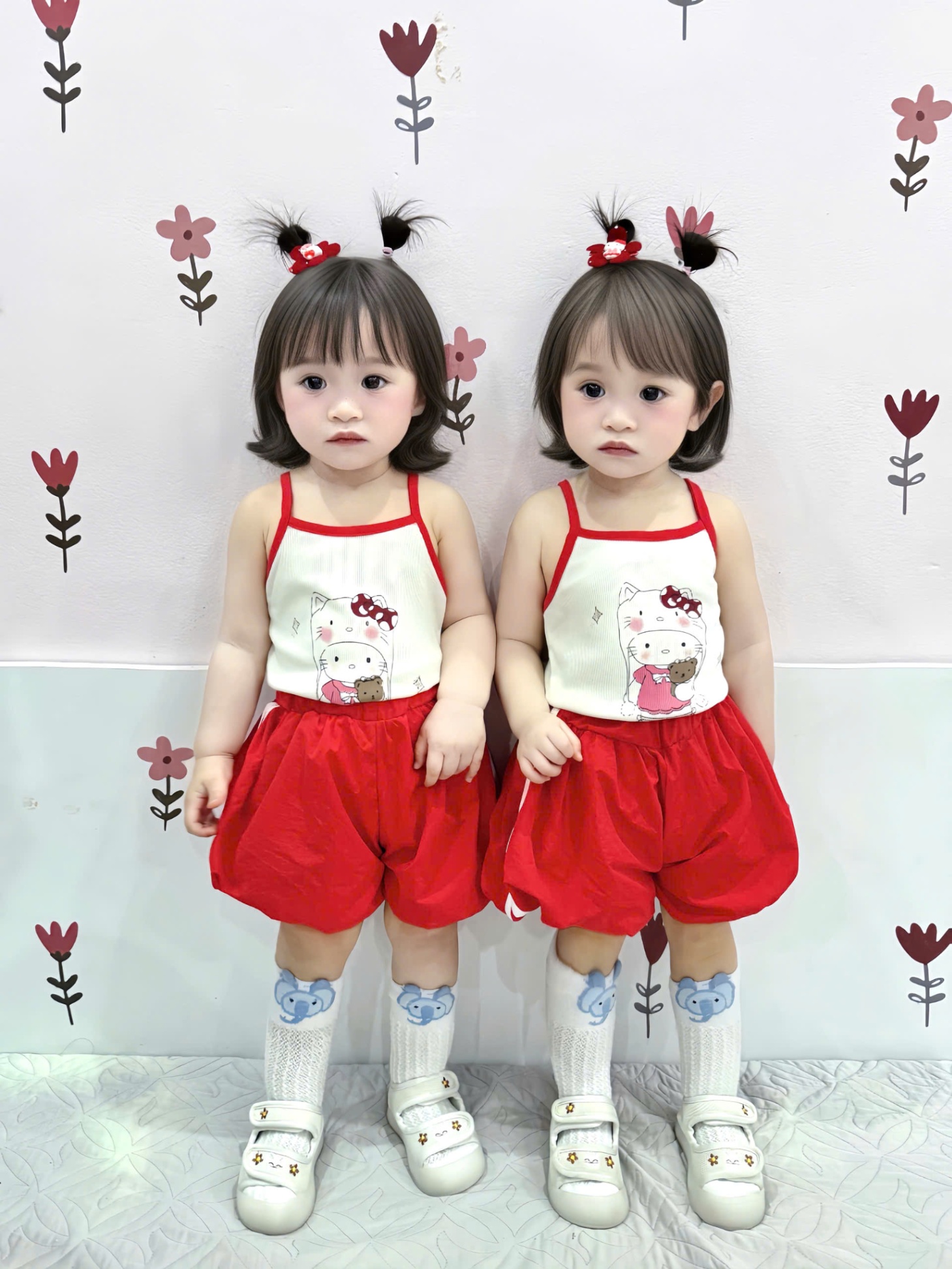 SÉT THỂ THAO ÁO 2 DÂY KITTY MIX QUẦN GIÓ ĐỎ CHO BÉ GÁI NEW