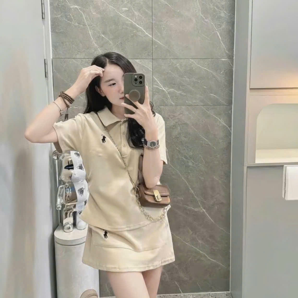 SET ÁO POLO NỮ NGẮN TAY THÊU NGỰA MIX CHÂN VÁY CHỮ A