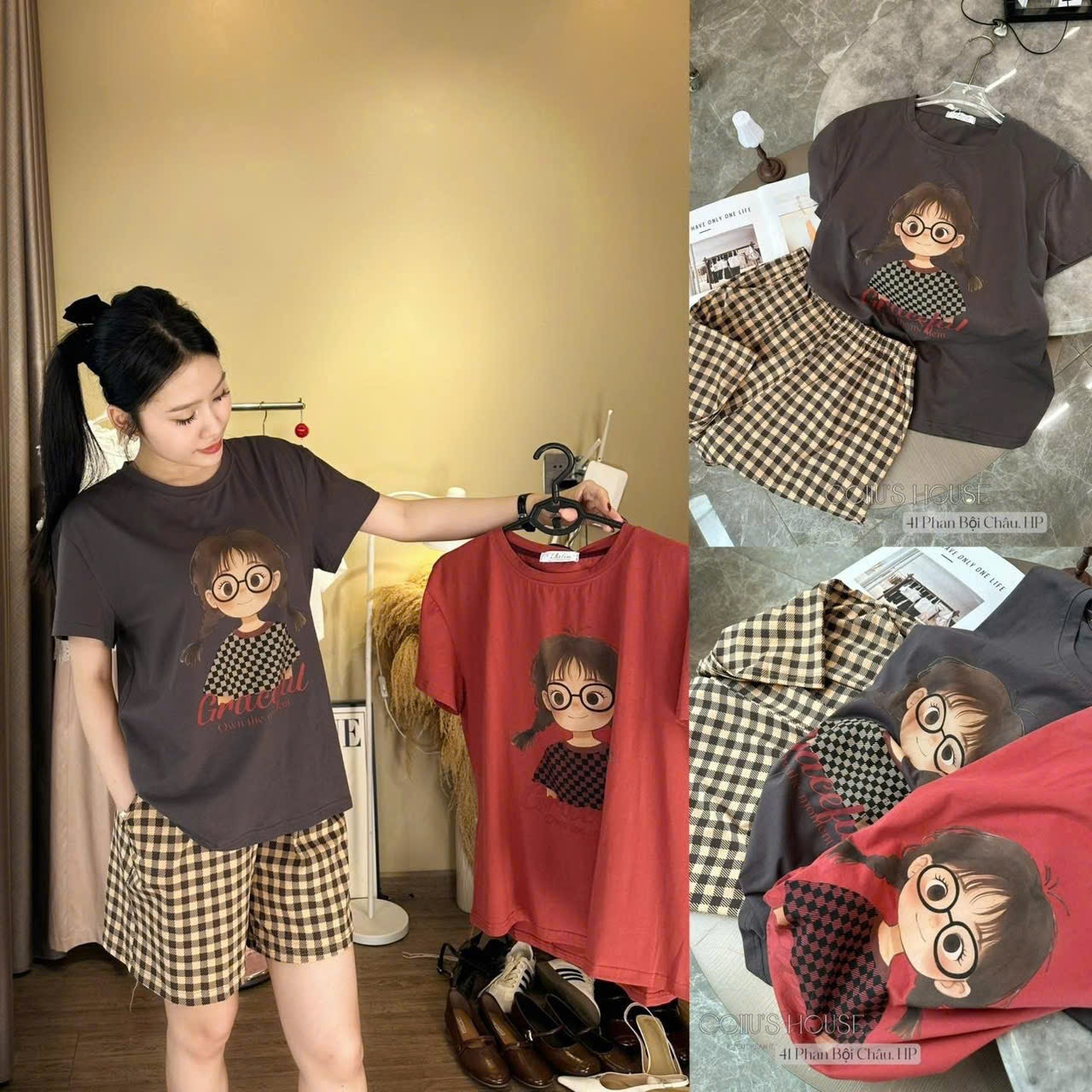 BỘ COTTON NỮ QUẦN ĐÙI KẺ EM BÉ ĐEO KÍNH 2 MÀU