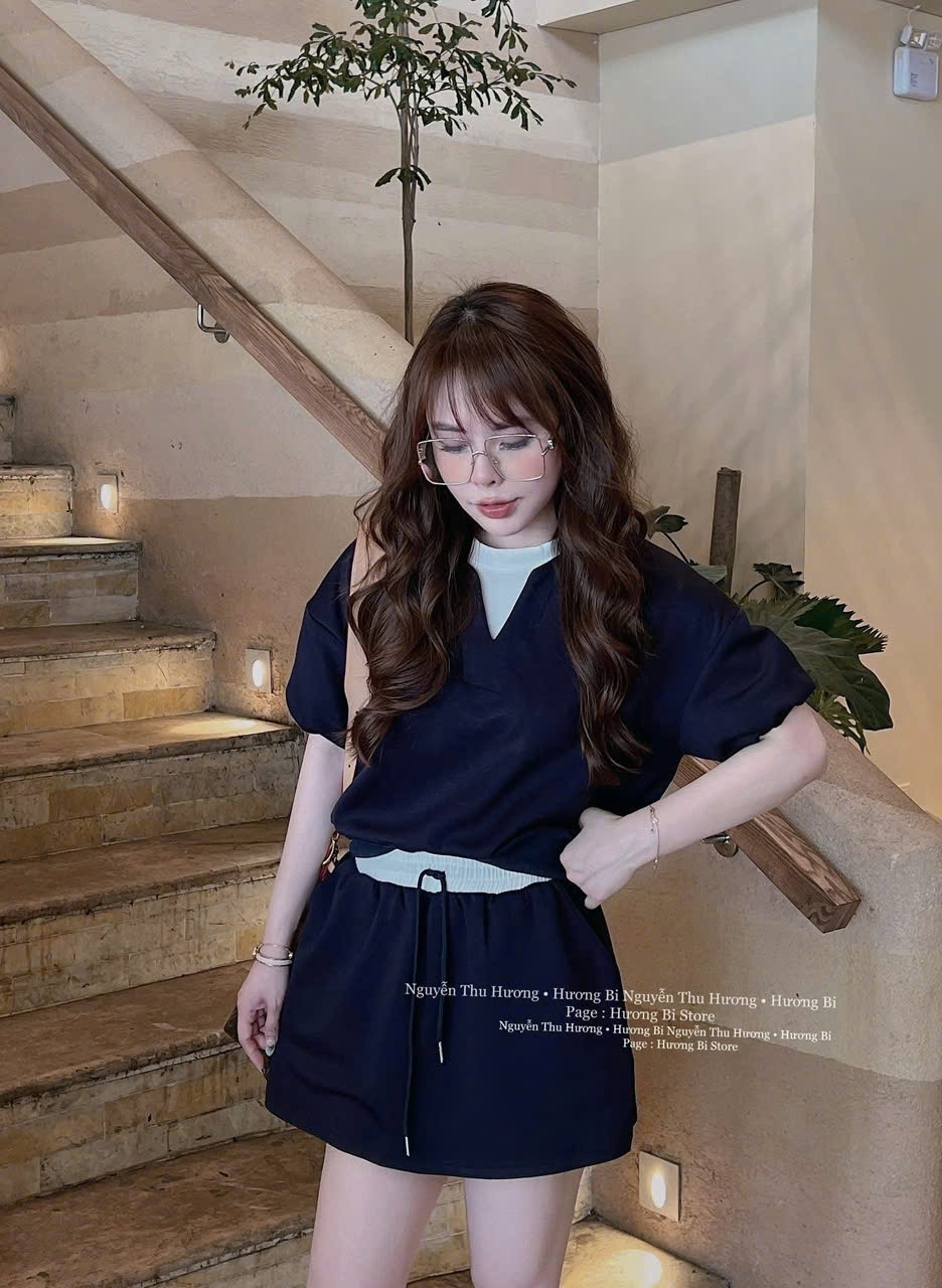 SET BỘ UMI XANH THAN PHỐI TRẮNG MIX CHÂN VÁY NGẮN