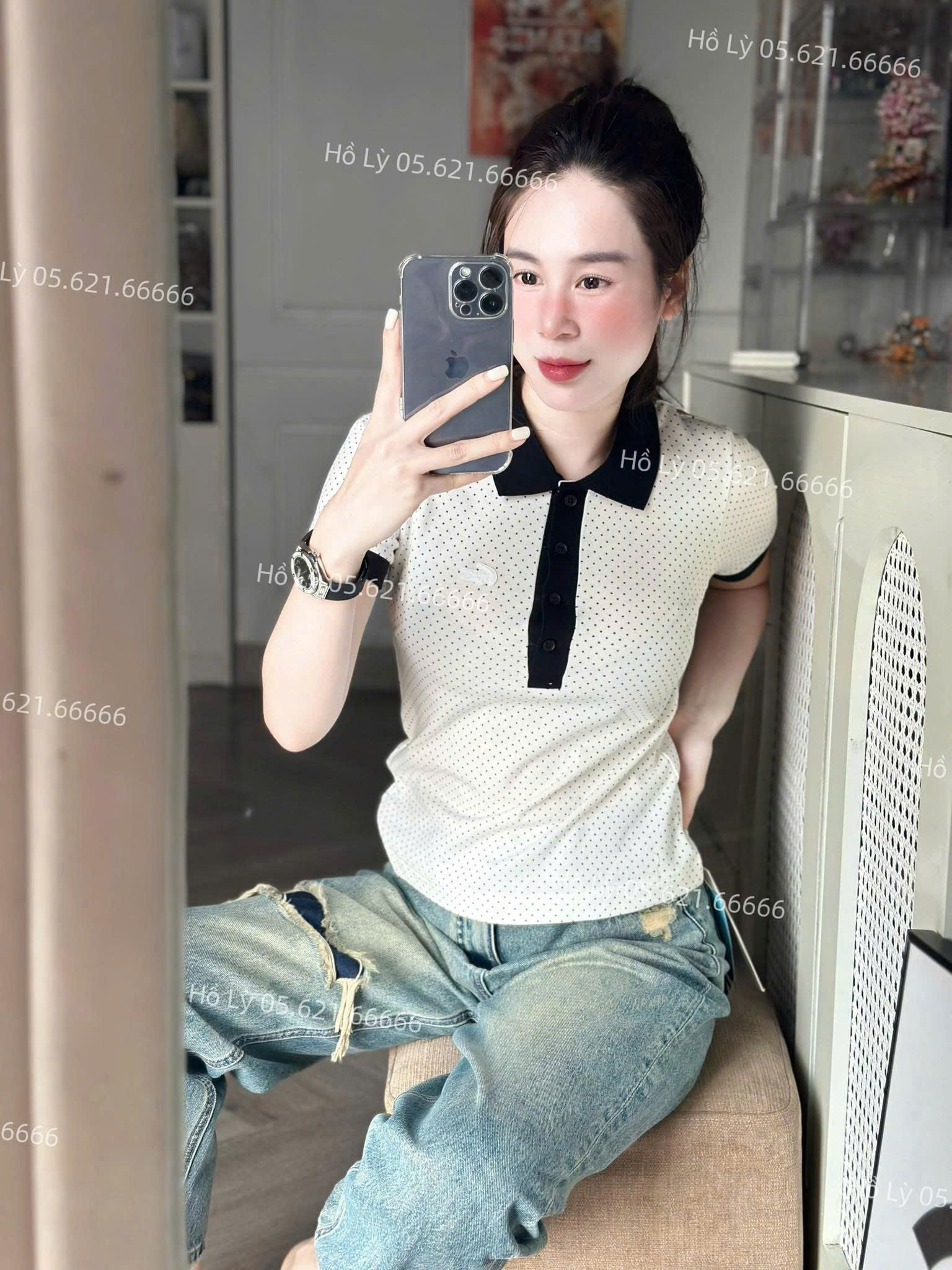 ÁO POLO NỮ CHẤM BI PHỐI CỔ ĐEN