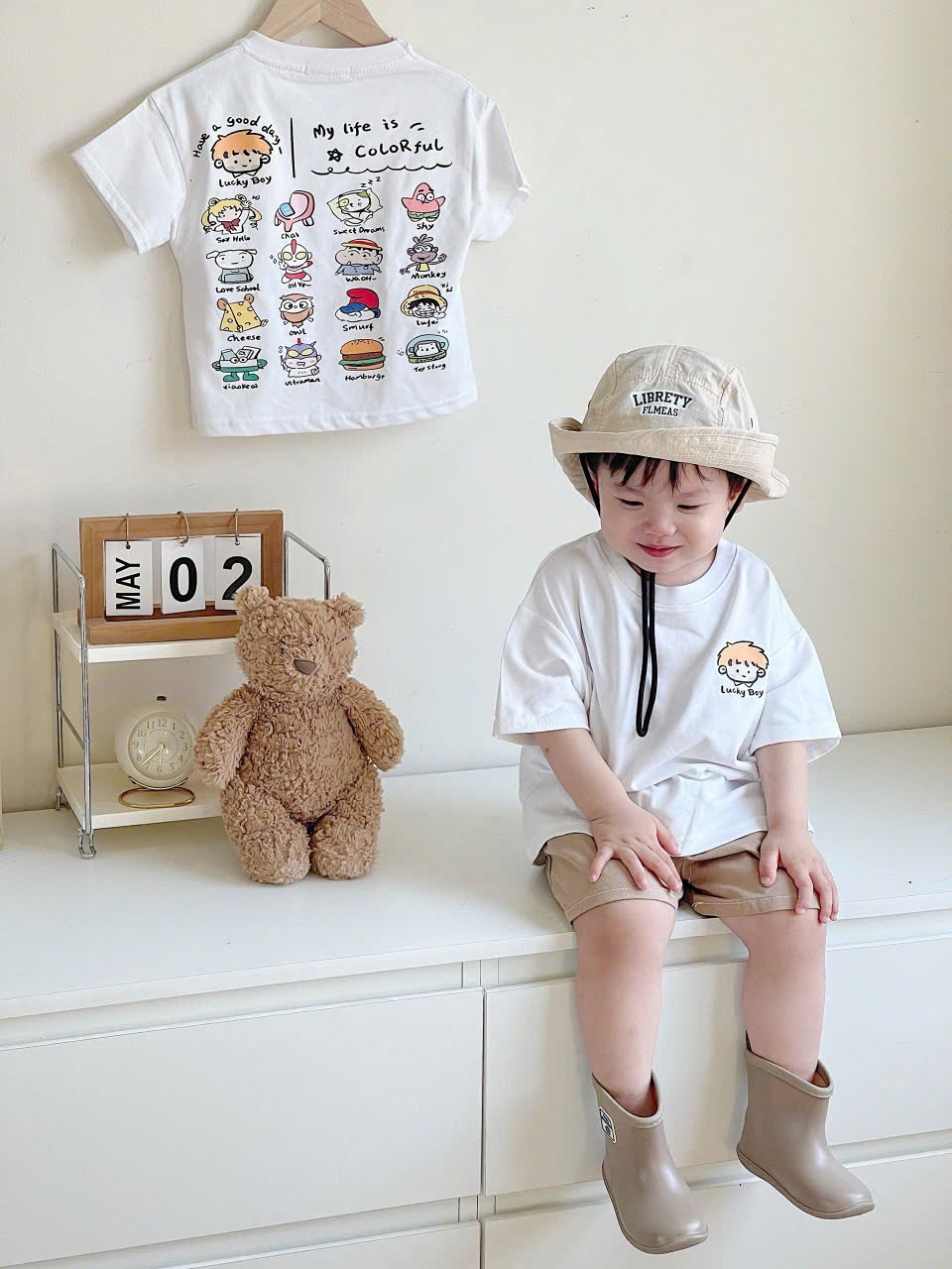 SET 2 ÁO PHÔNG CỘC TAY CỔ TRÒN BÉ TRAI TRẮNG XANH