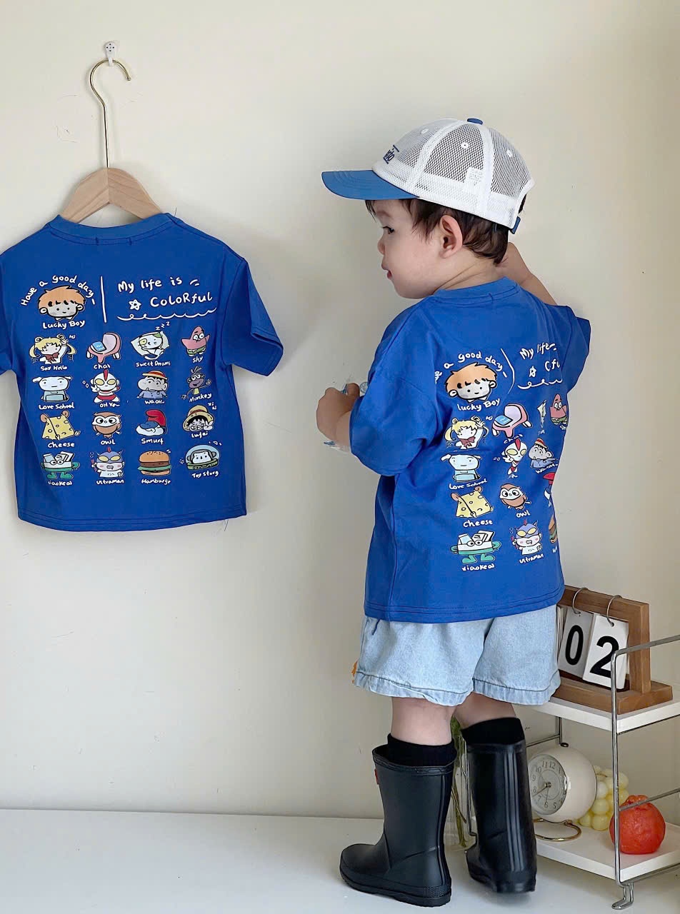 SET 2 ÁO PHÔNG CỘC TAY CỔ TRÒN BÉ TRAI TRẮNG XANH
