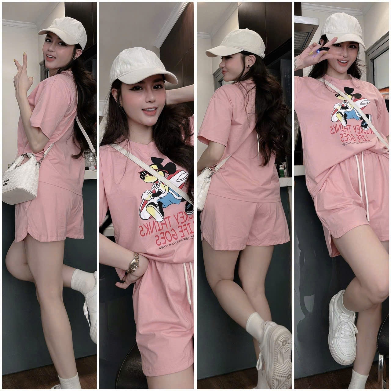 BỘ COTTON CHUỘT MICKEY HỒNG QUẦN SOOC NỮ