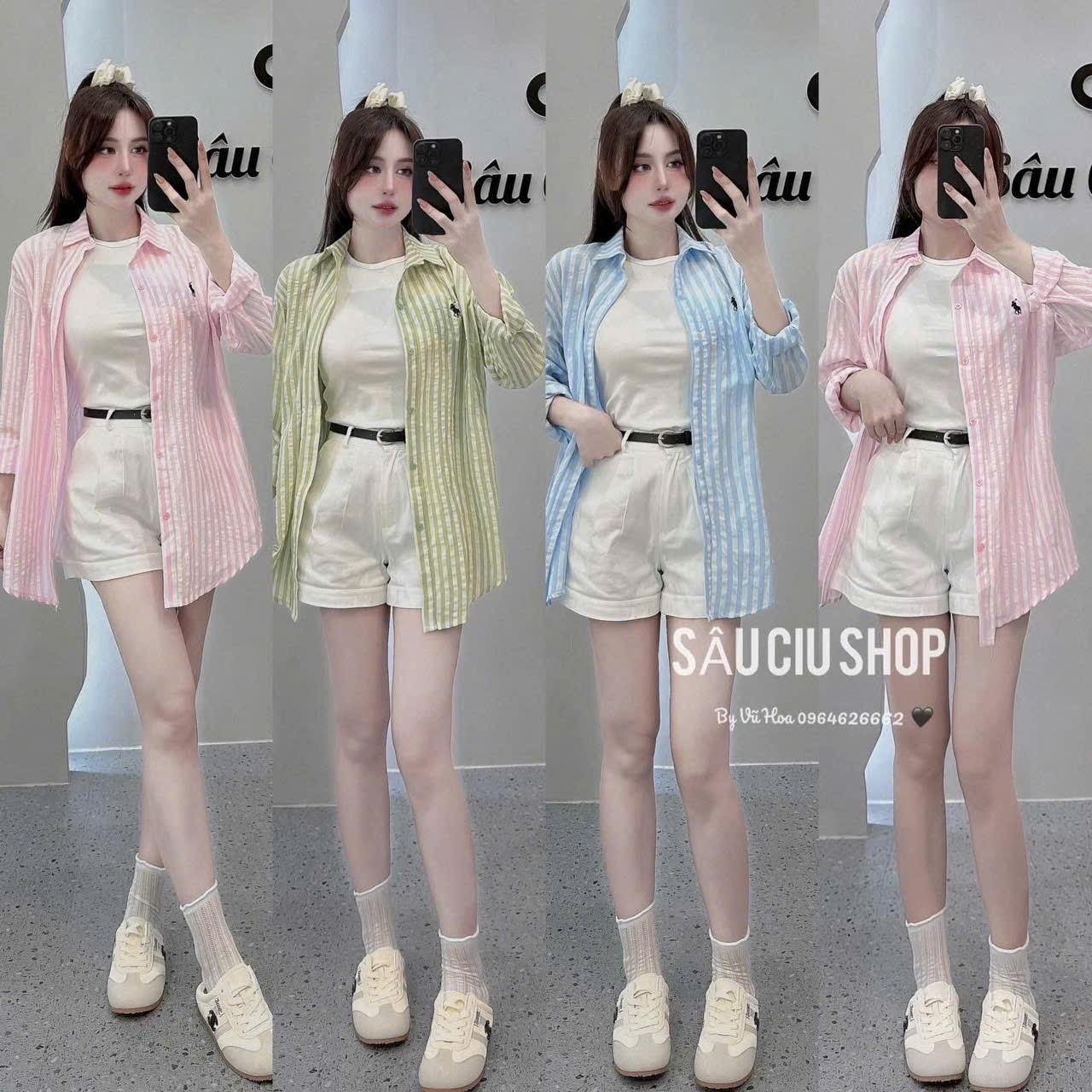 SET KẺ SỌC 4 CHI TIẾT XANH HỒNG VÀNG RÊU