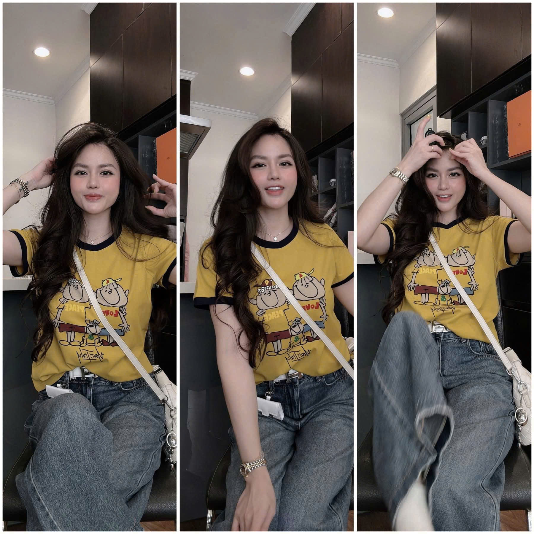 SET ÁO PHÔNG VÀNG PEACE LOVE MIX QUẦN JEAN SUÔNG