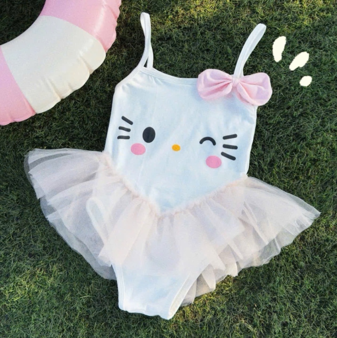 SET BIKINI 2 DÂY KITTY TRẮNG VOAN BỒNG XOÈ CHO BÉ GÁI NEW 2025