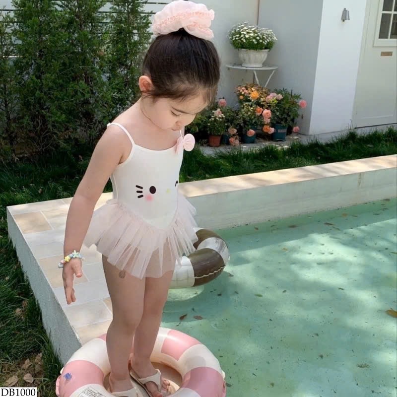 SET BIKINI 2 DÂY KITTY TRẮNG VOAN BỒNG XOÈ CHO BÉ GÁI NEW 2025