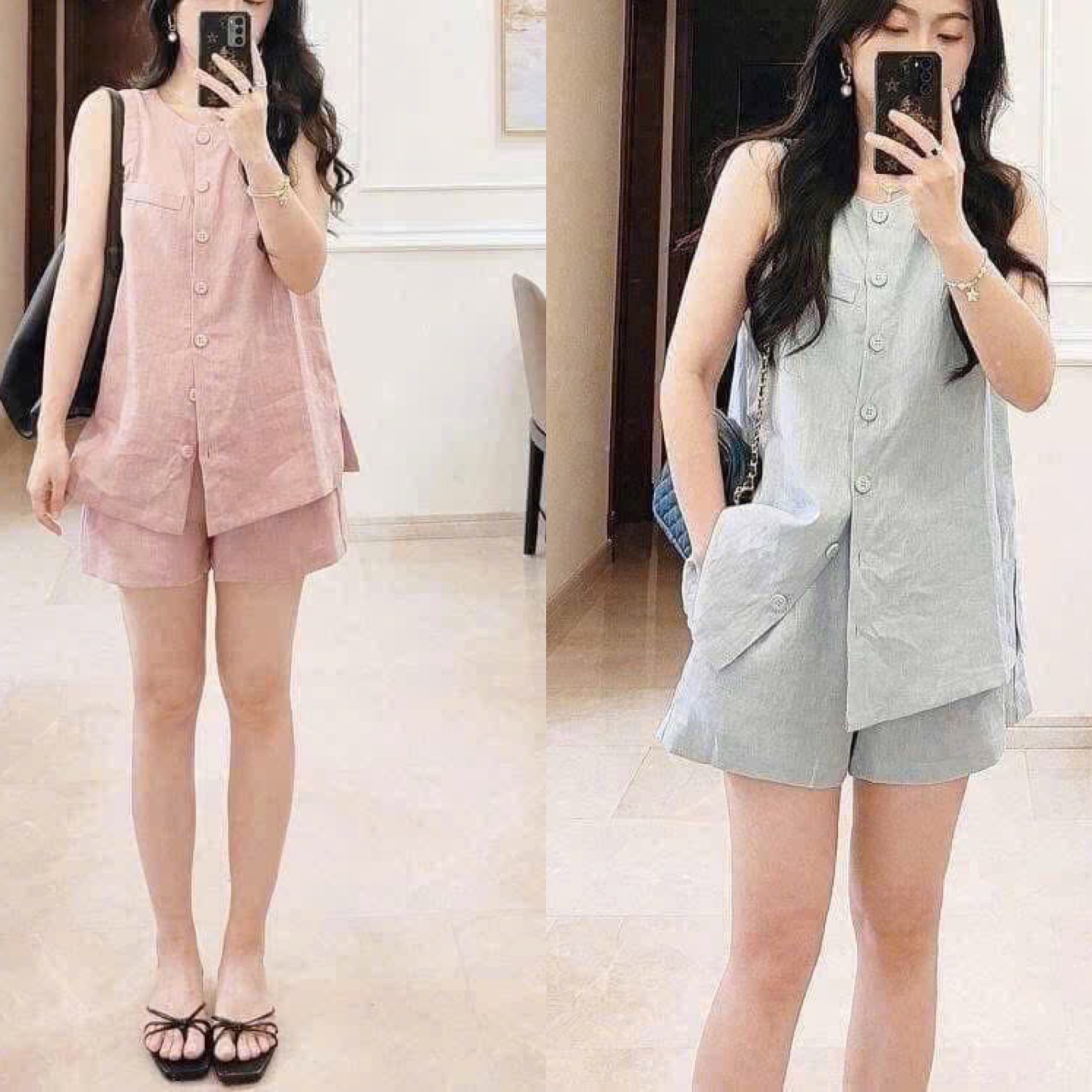 BỘ LINEN SÁT NÁCH 2 MÀU HỒNG XANH QUẦN SOOC