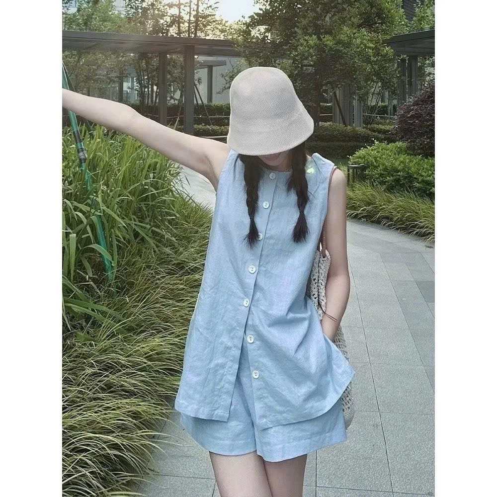 BỘ LINEN SÁT NÁCH 2 MÀU HỒNG XANH QUẦN SOOC