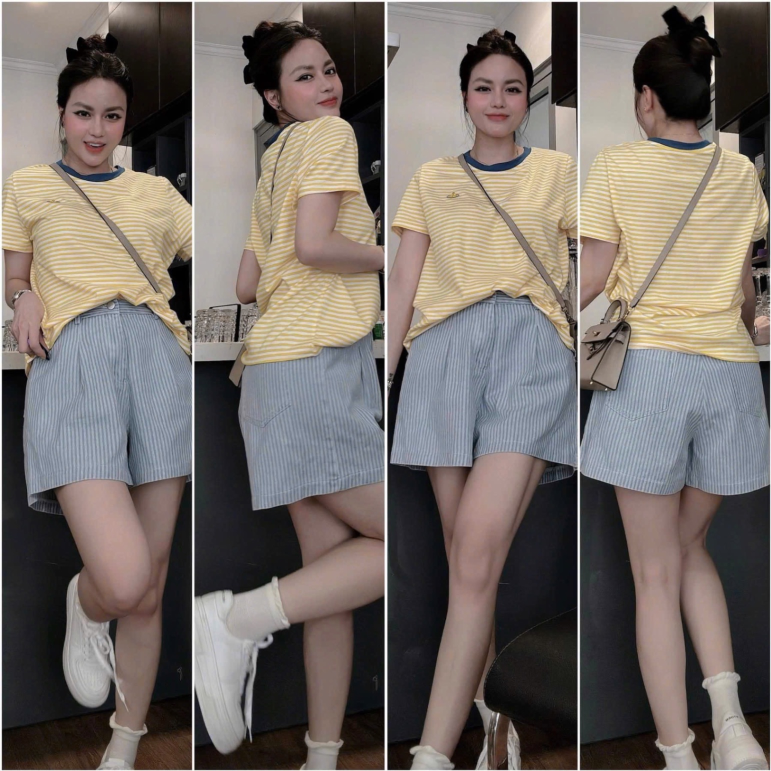 SET BỘ KẺ ÁO VÀNG QUẦN XANH PHỐI THÊU CHO NỮ